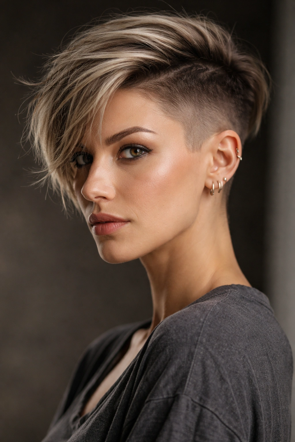 Close-up of a pixie with a shaved undercut and textured longer side