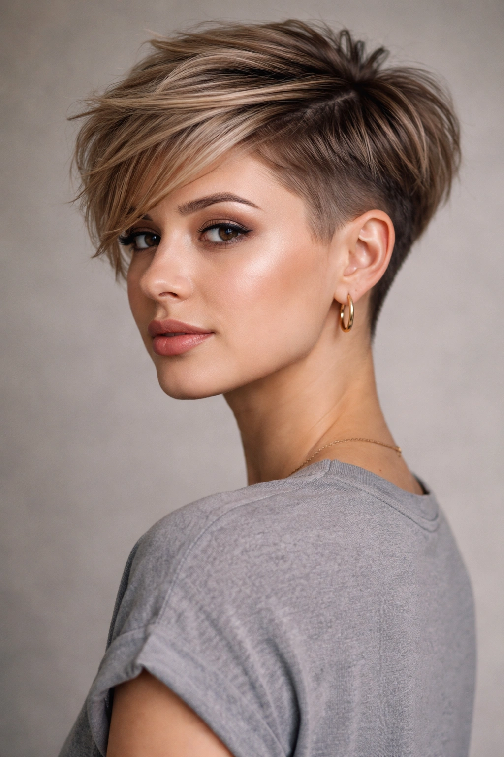 Longer pixie with disconnected undercut showing top length and shaved sides