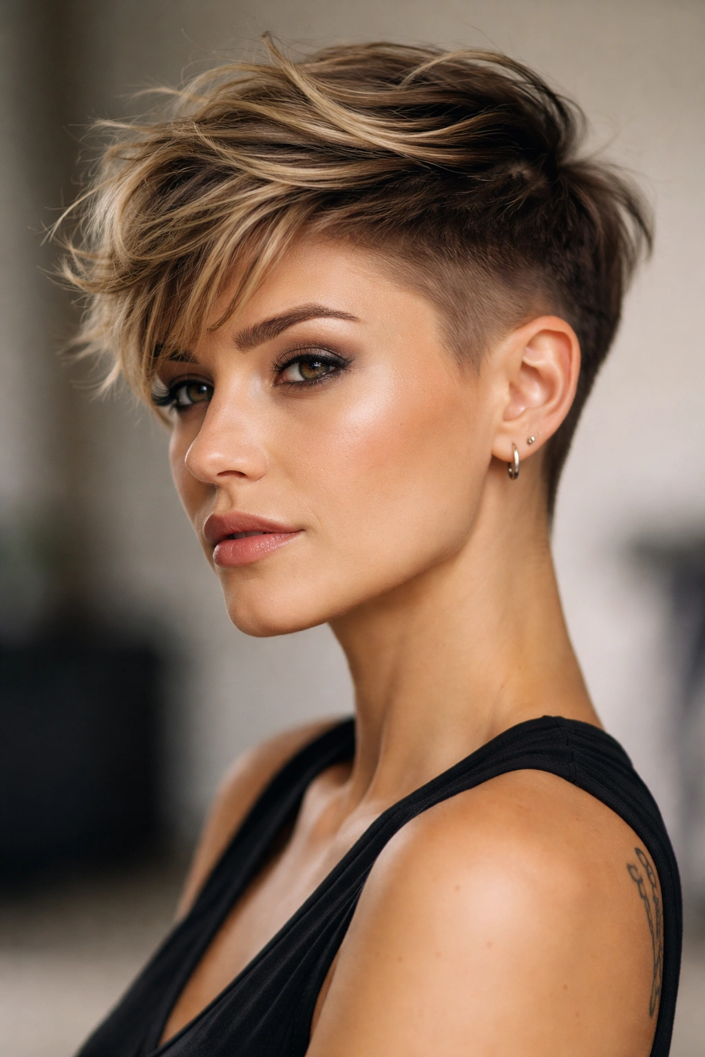 Portrait of a woman with a grown-out pixie and a tapered undercut.