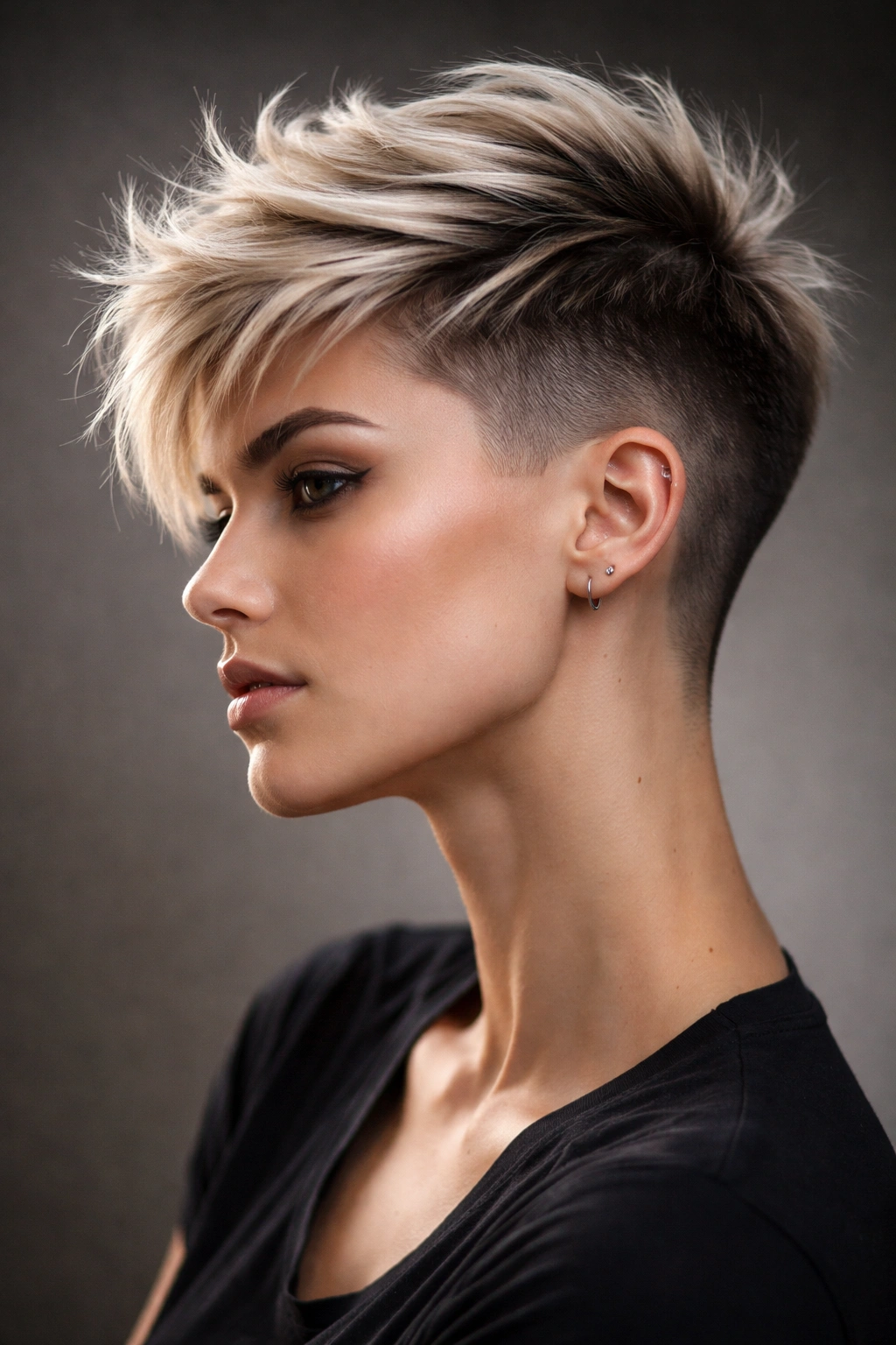 Close-up portrait of a model with a pixie undercut and shaved sides, highlighting textured crown and shaved temples.