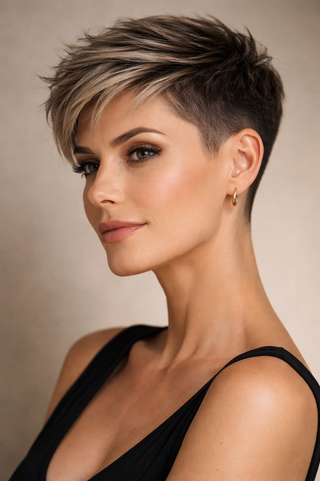 Head-and-shoulders portrait showing a pixie undercut with short sides and longer textured top