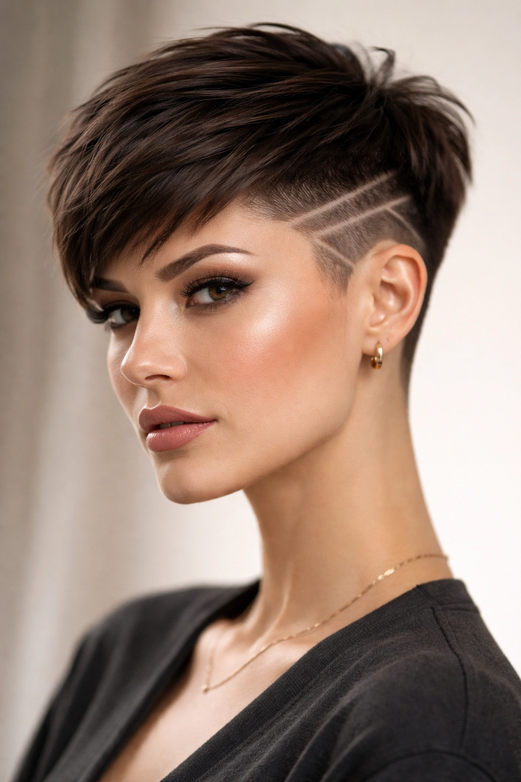 Close-up of a model with a pixie featuring a geometric undercut for a square face.