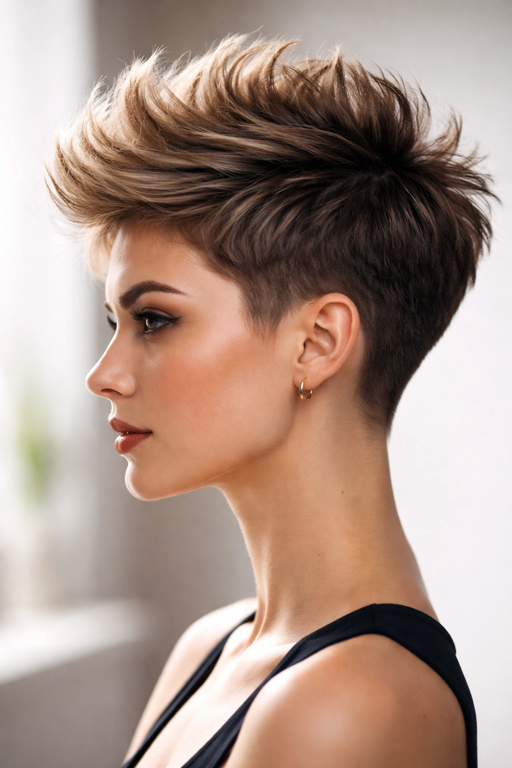 Profile of cropped pixie with high-volume top