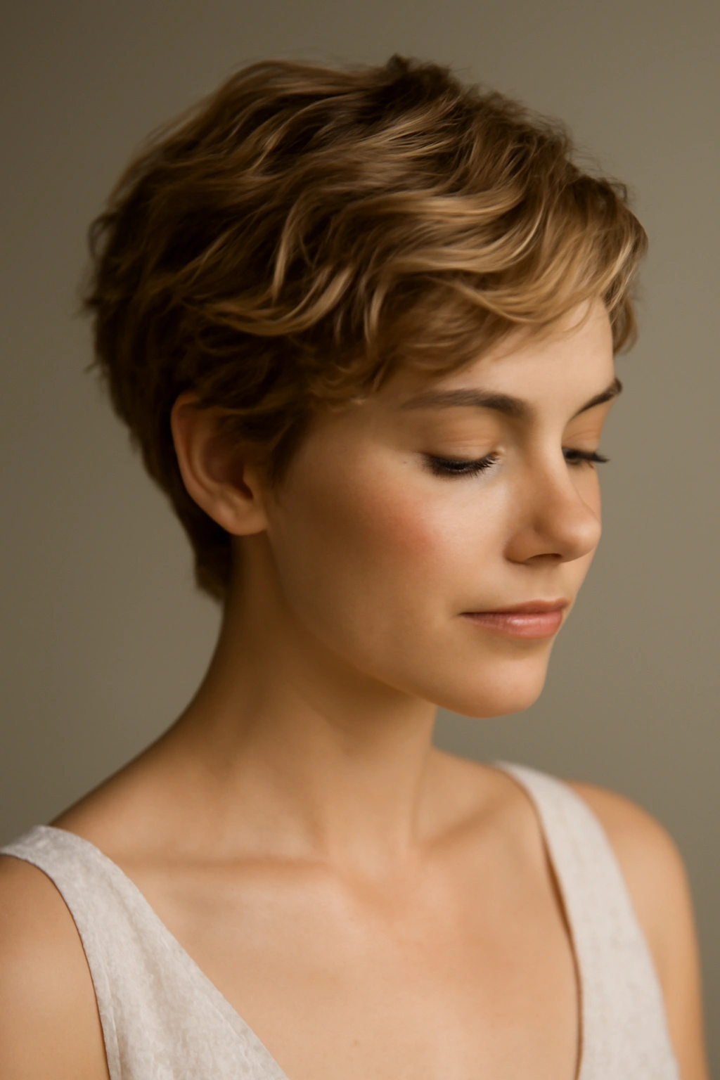 Close-up of a short pixie cut with textured waves directed back for a bridal look