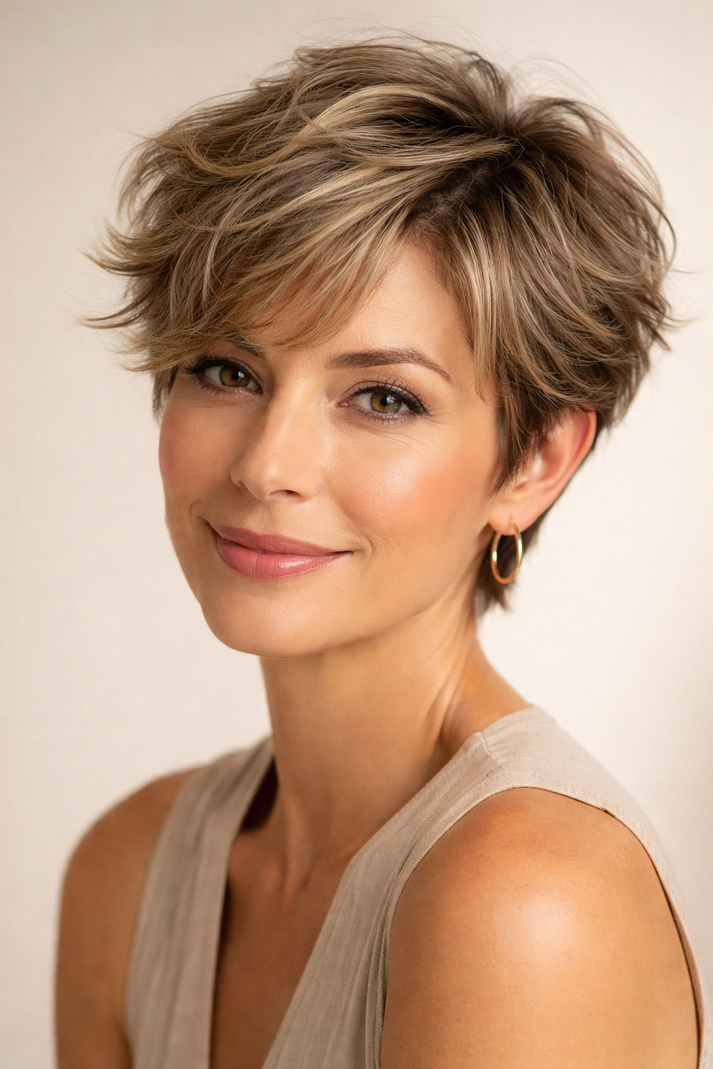 Close-up portrait of a person with a tousled pixie wave showing natural texture and layered movement