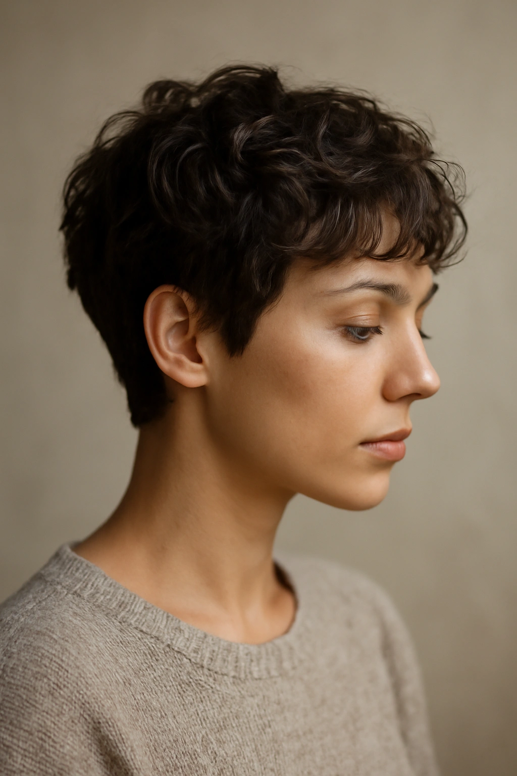 Profile view of a person with a textured wavy pixie haircut in a neutral studio