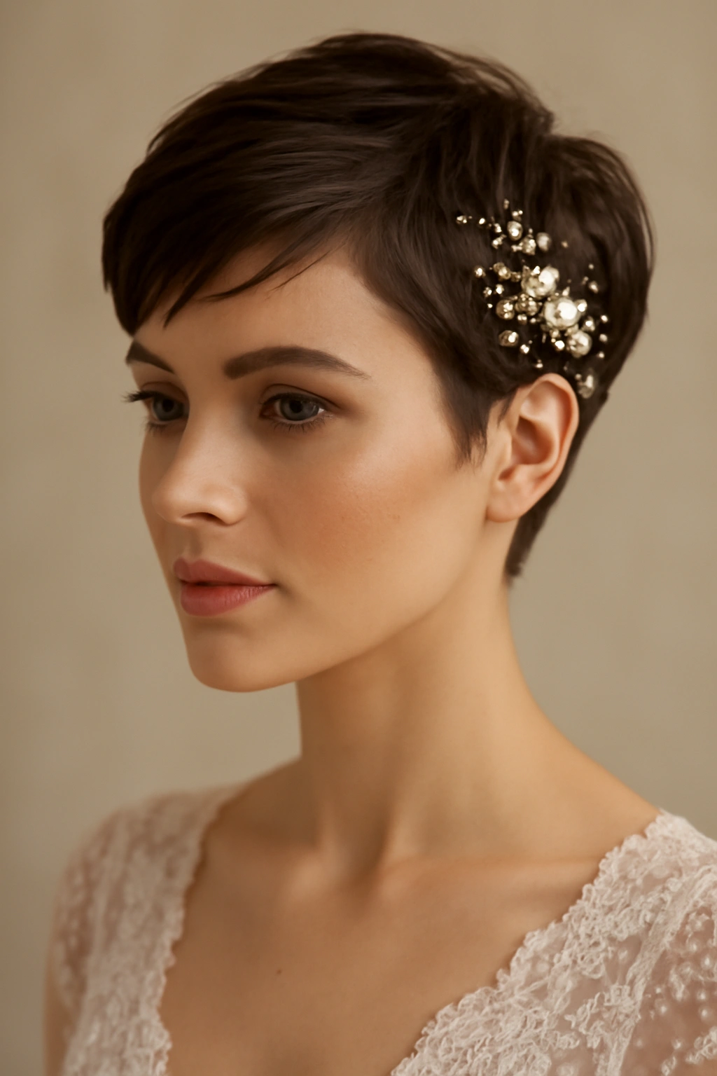 Close-up of bride with modern pixie and pearl accessories