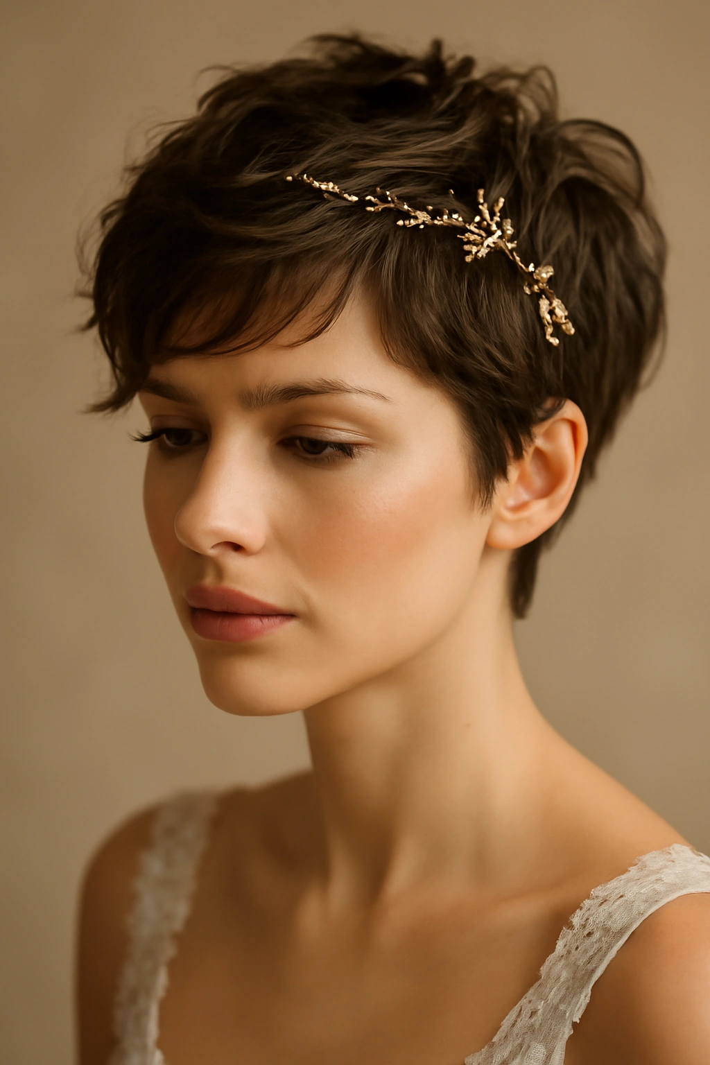 Close-up of a bride with a textured pixie and delicate ornament in soft studio lighting.