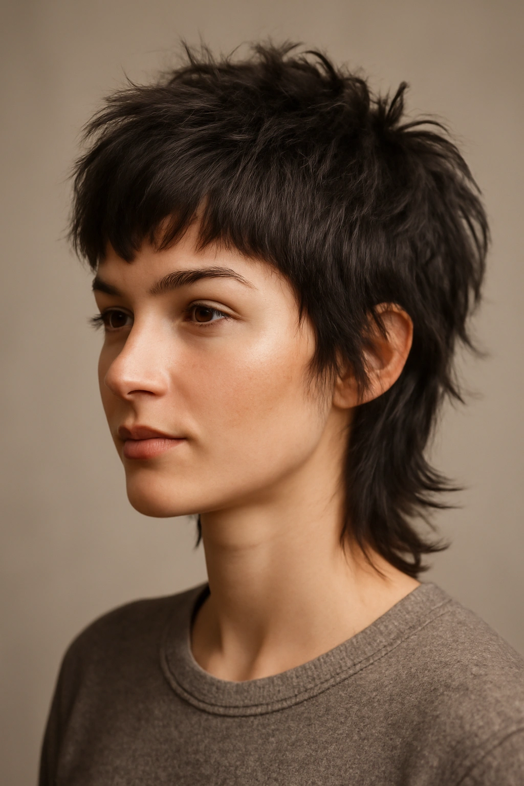 Model with a tousled pixie wolf hybrid haircut showing textured top and short length.