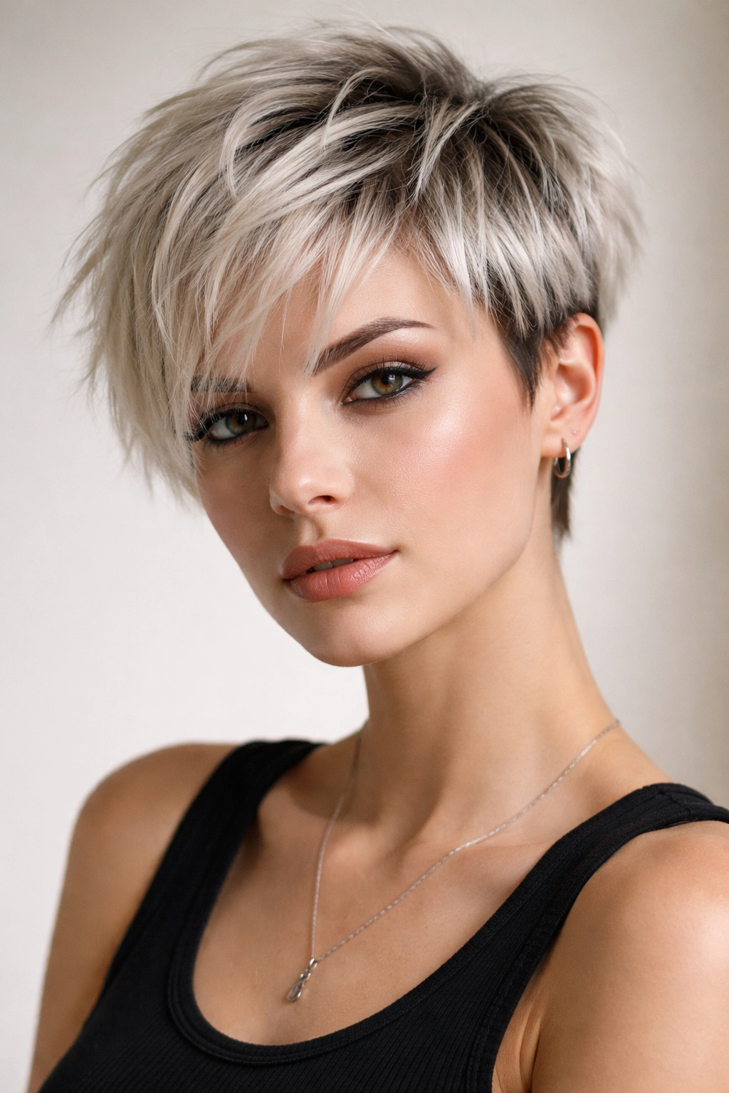 Portrait of platinum blonde choppy pixie with dark roots and layered texture