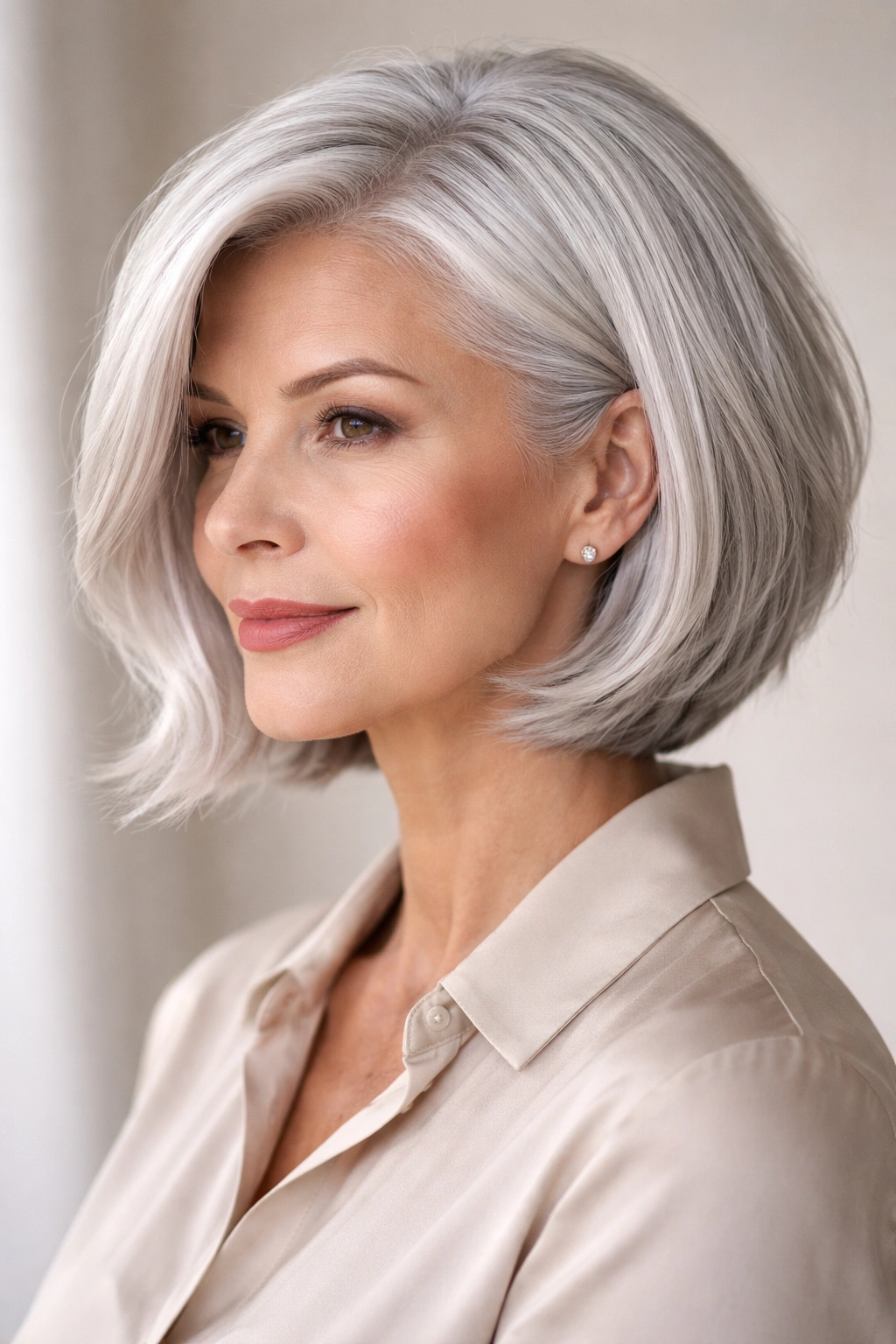 Close-up of a platinum silver bob on a mature woman with cool undertones and glossy finish