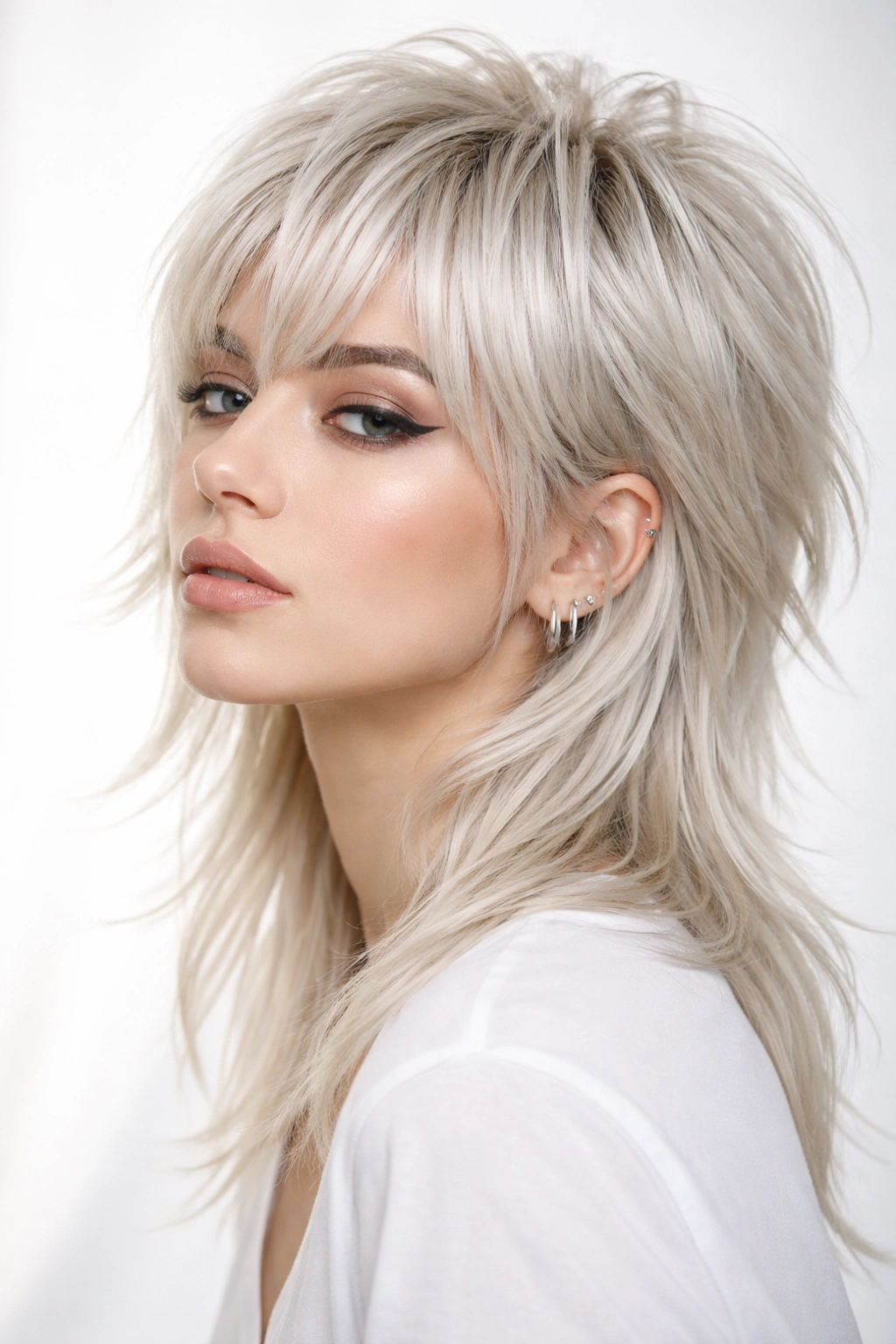 Platinum mullet with silver-toned hair highlighting the cut