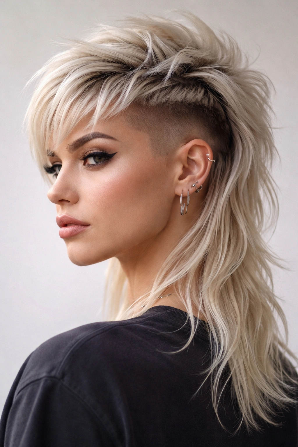 Close-up of a platinum bleached mullet undercut showing sharp lines and pale color.