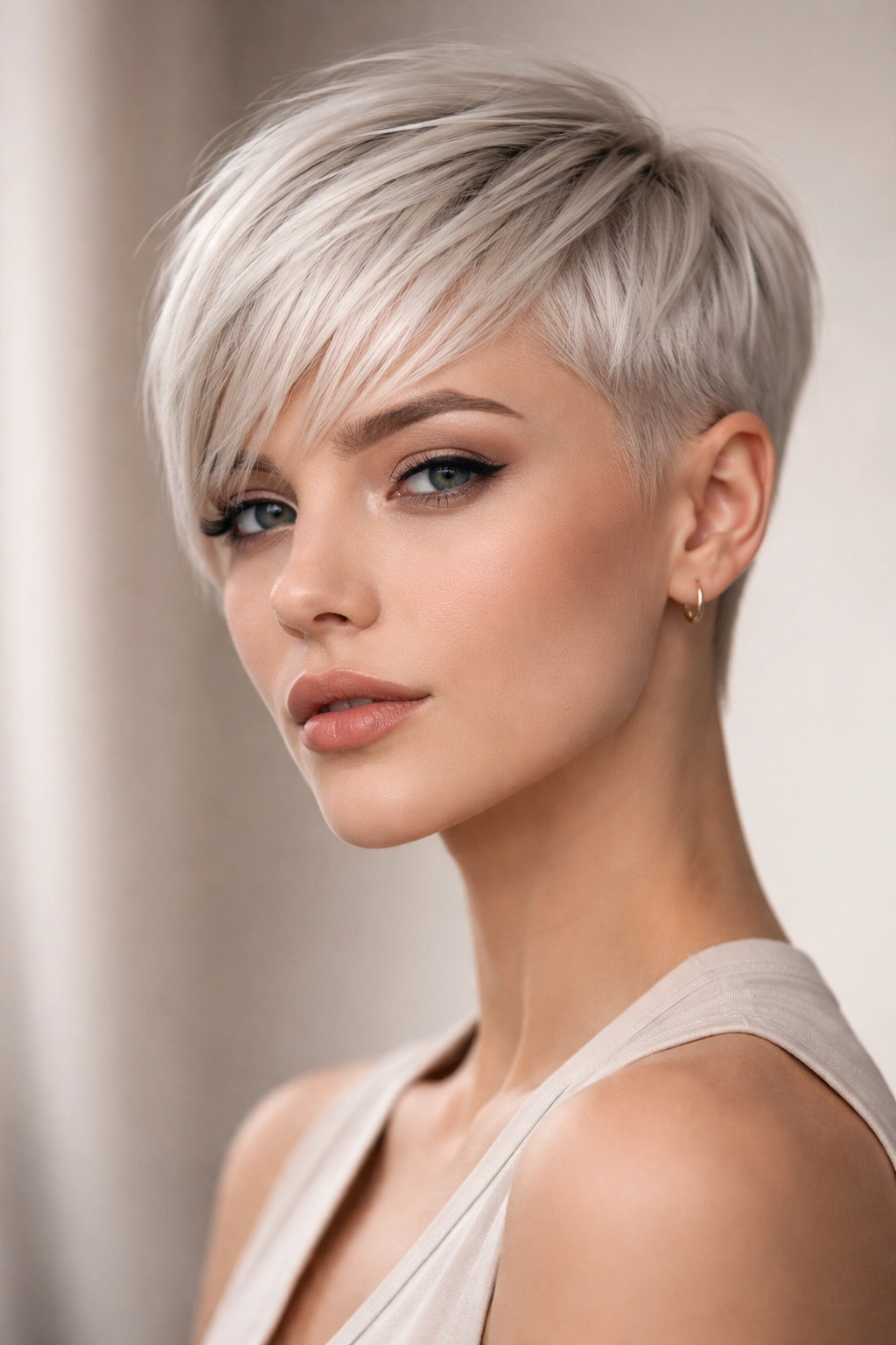 Portrait of a person with a platinum pixie color and sharp geometric cut