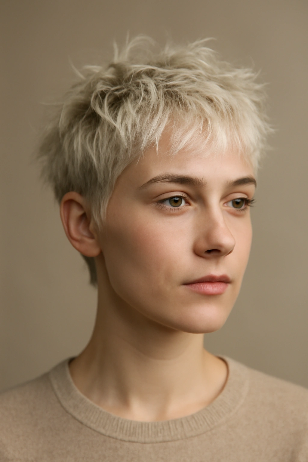 Close-up portrait of a model with a platinum blonde Tousled Platinum Crop showing texture and movement