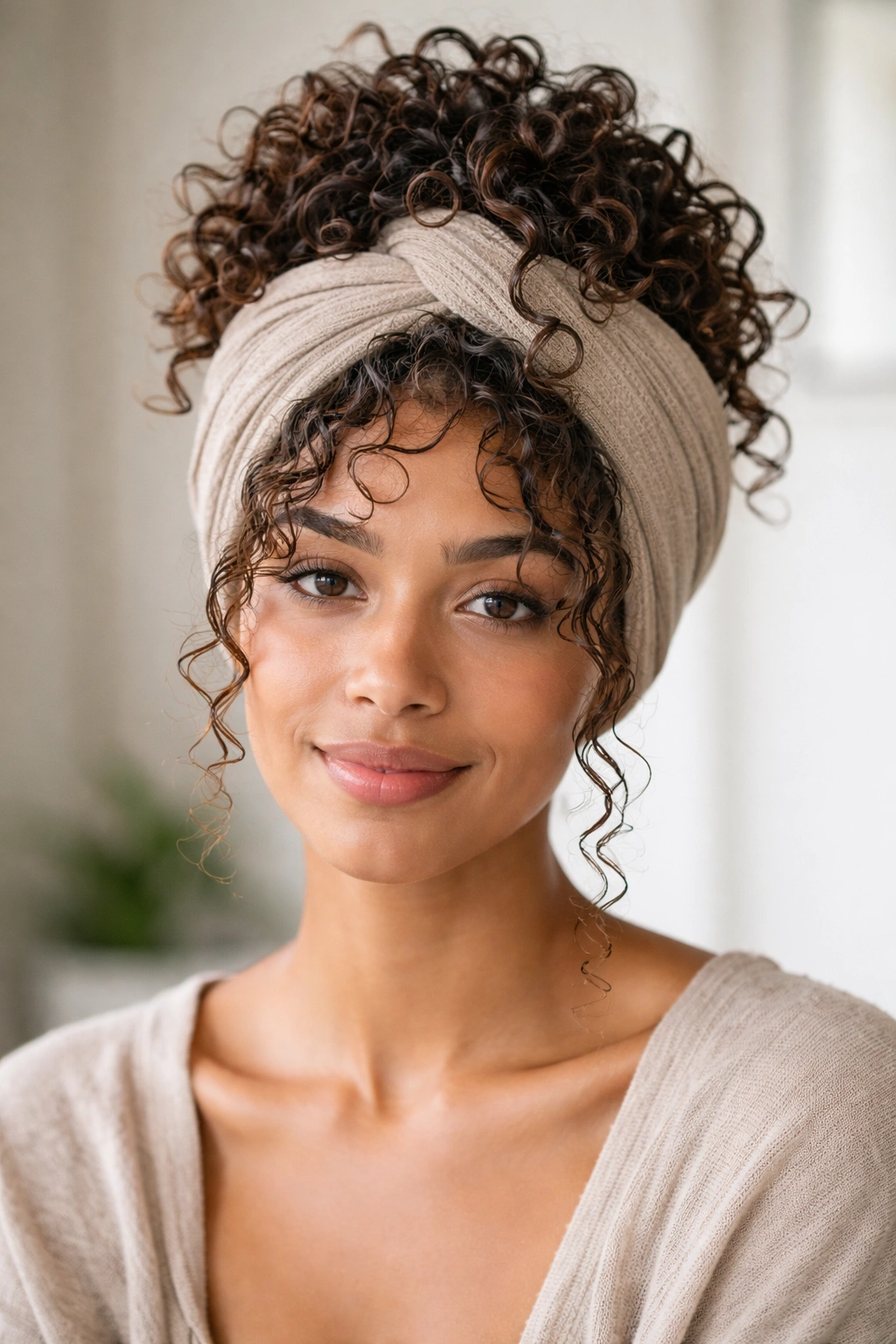 Frontal view of a headwrap with plopped curls and crown volume