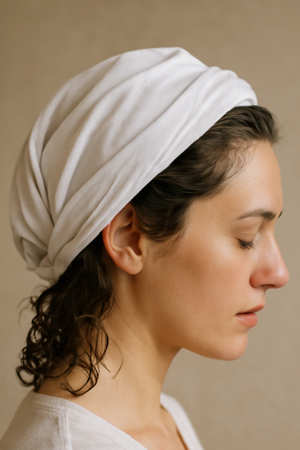 Head with damp hair wrapped in a cotton T-shirt for plopping