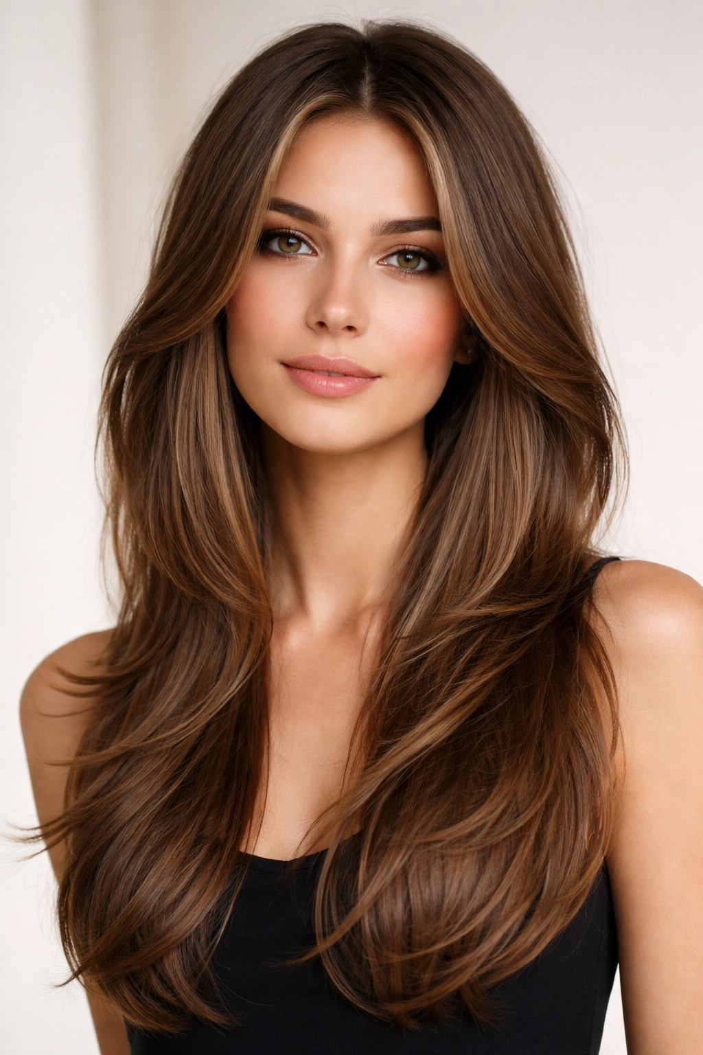 Portrait of a model with Polished Butterfly Cut and long face-framing layers for a refined silhouette