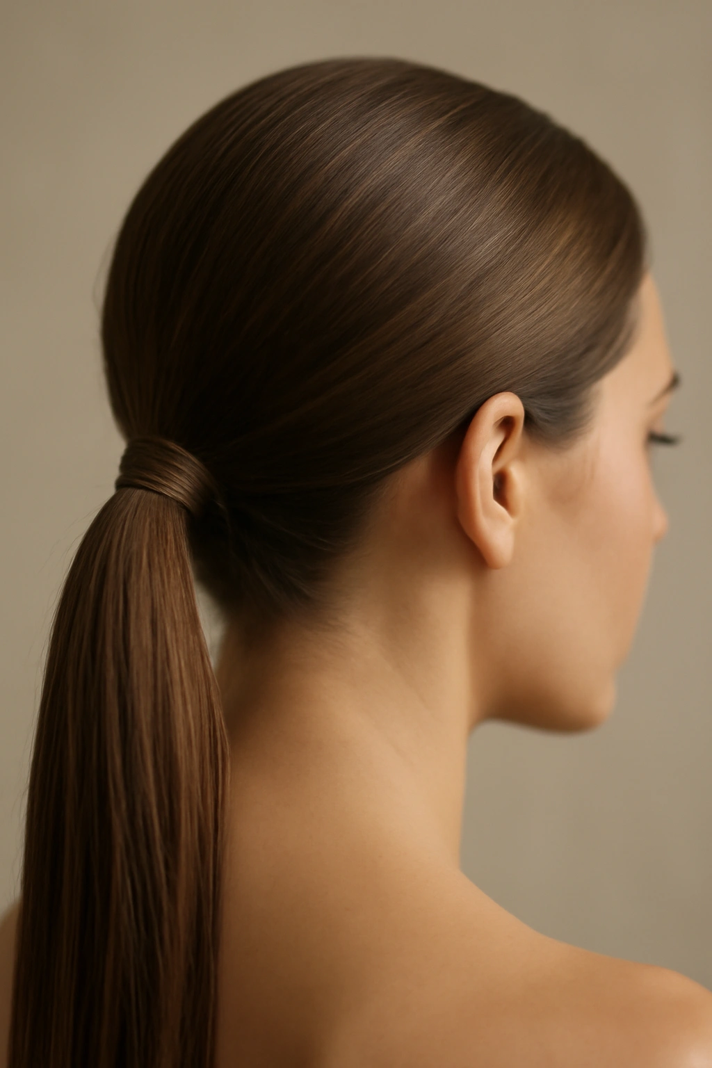 Close-up of a polished low ponytail with wrapped base and concealed elastic in a studio