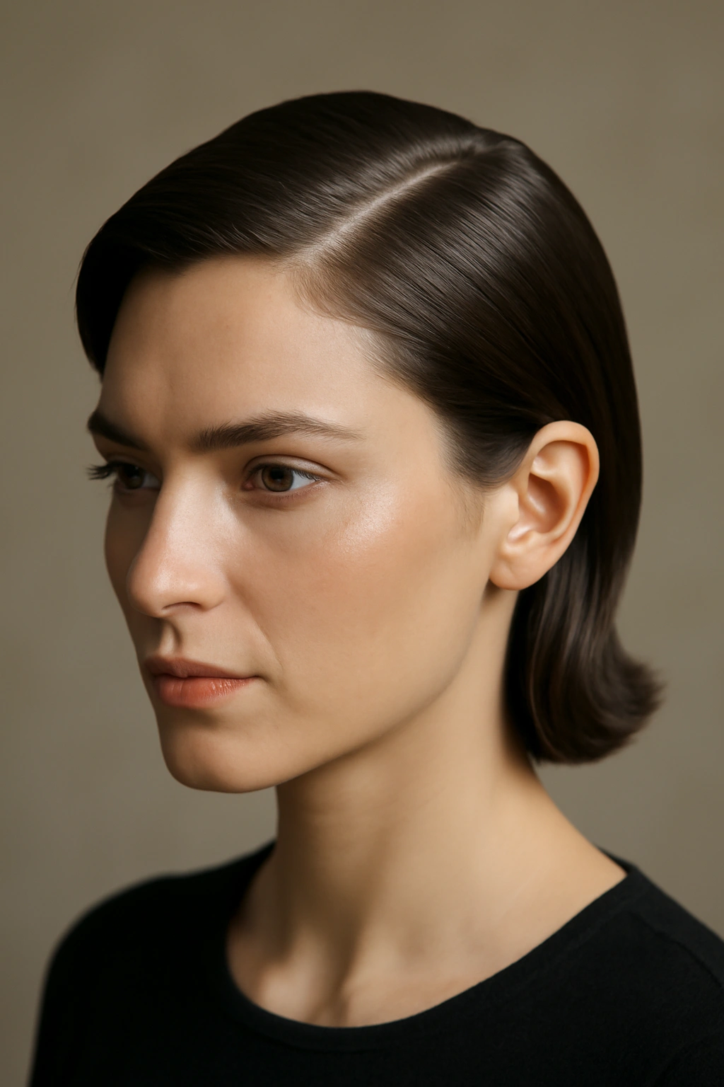 Polished side part hairstyle with crisp part line