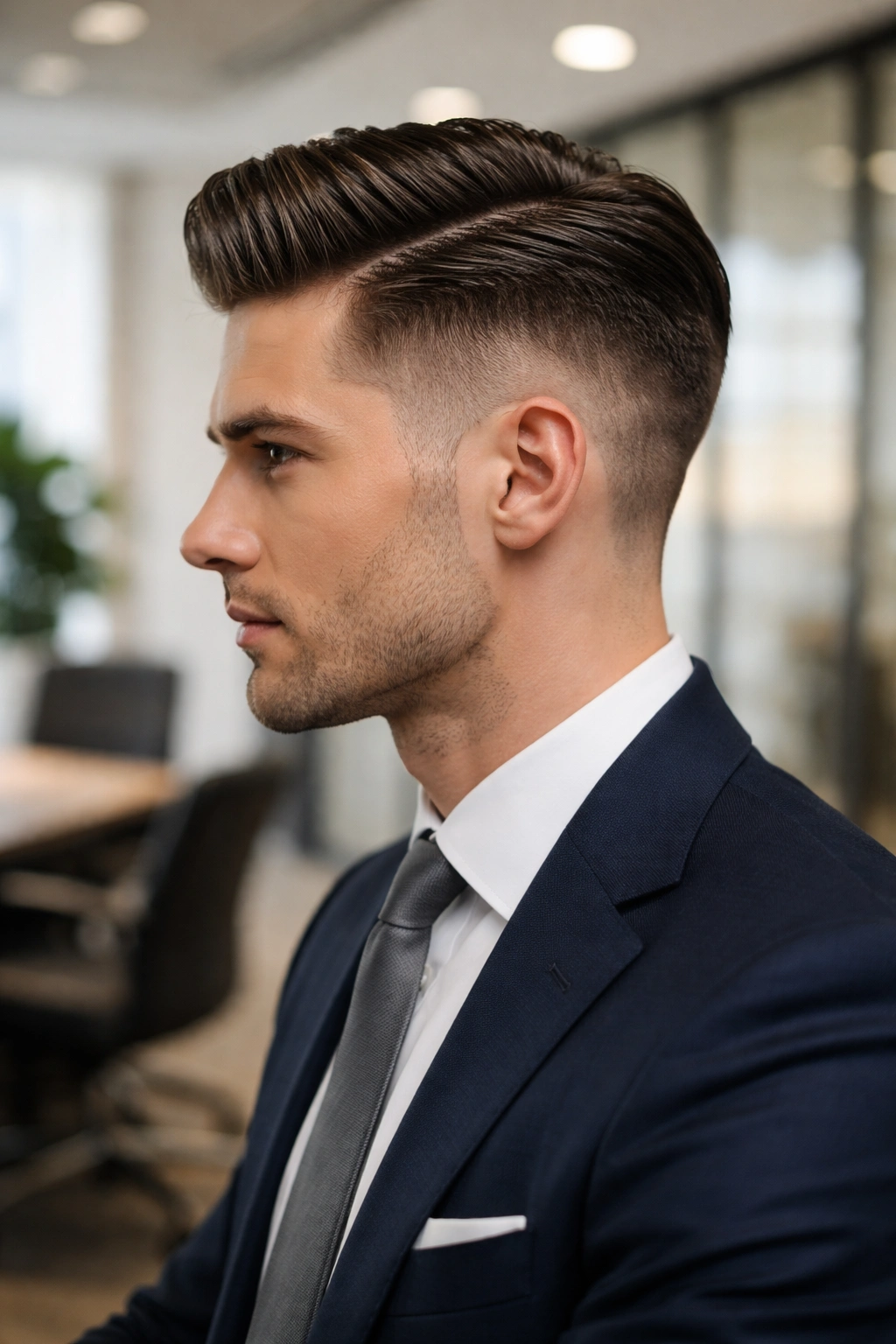 Profile shot of a person with a polished undercut: short sides, longer top slicked back
