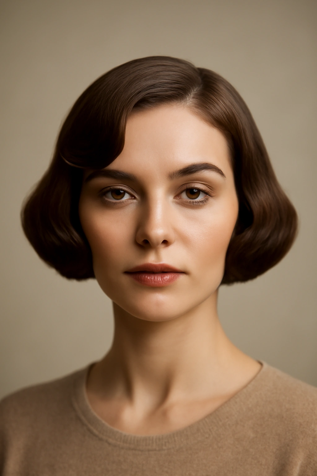 Polished vintage-inspired bob with sleek symmetry and subtle waves