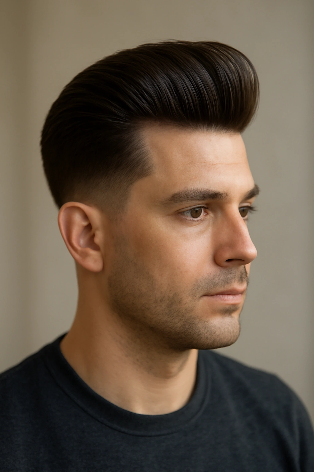 Close-up portrait of a man with a dramatic pompadour, long top swept high and back, sides tapered.