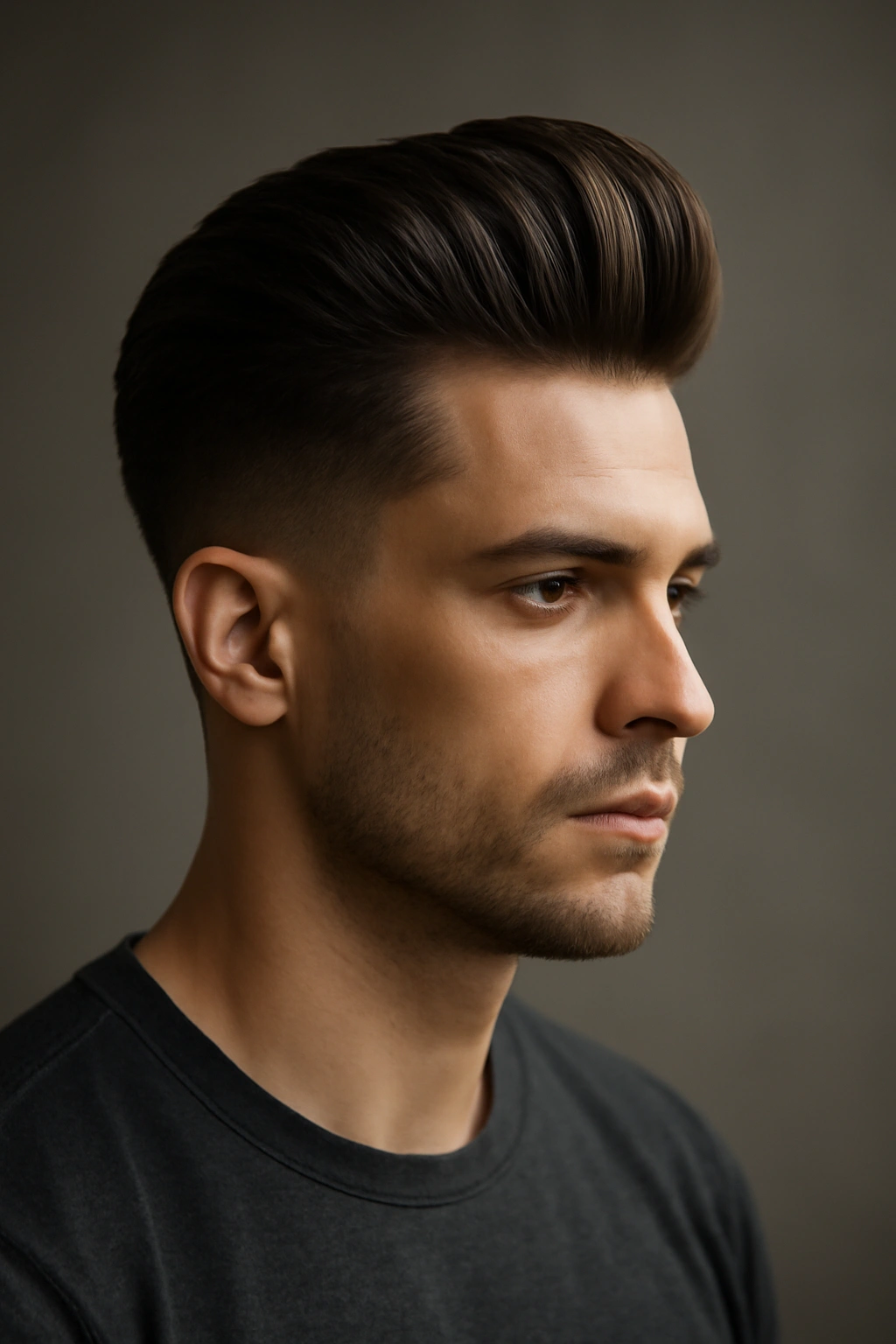 Portrait of male with dramatic pompadour and faded sides