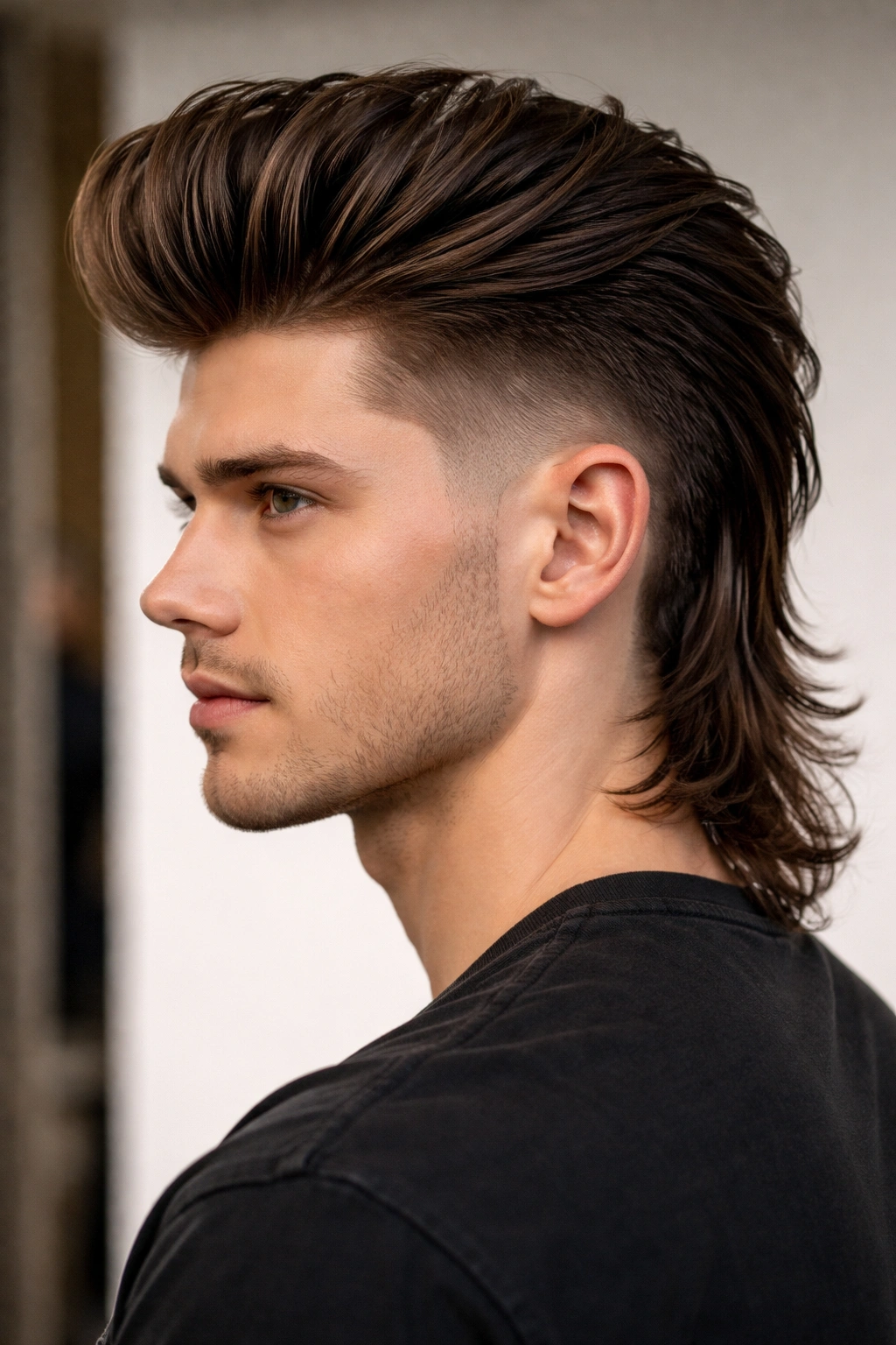 Portrait of pompadour mullet with voluminous top and short sides