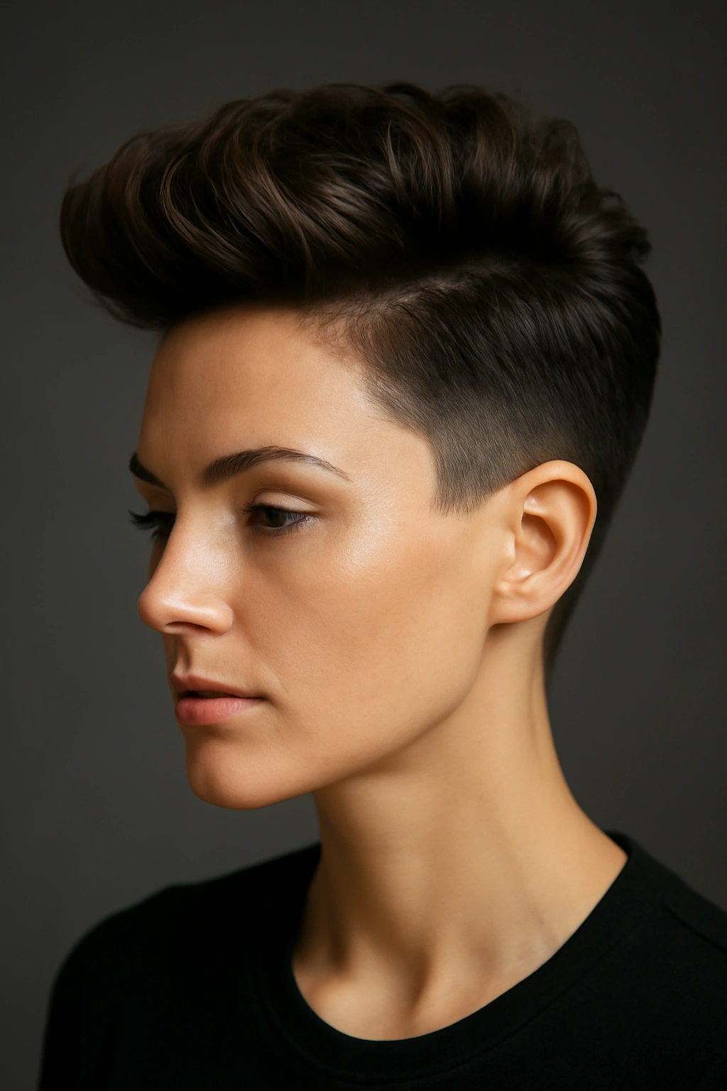 Portrait of a person with a voluminous pompadour pixie and short sides