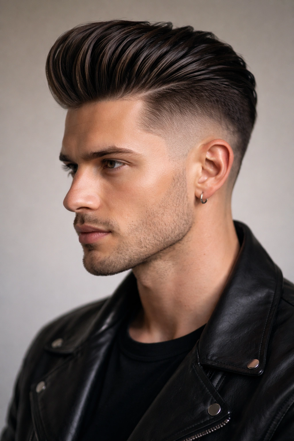 Profile shot of a high-volume pompadour with shaved sides