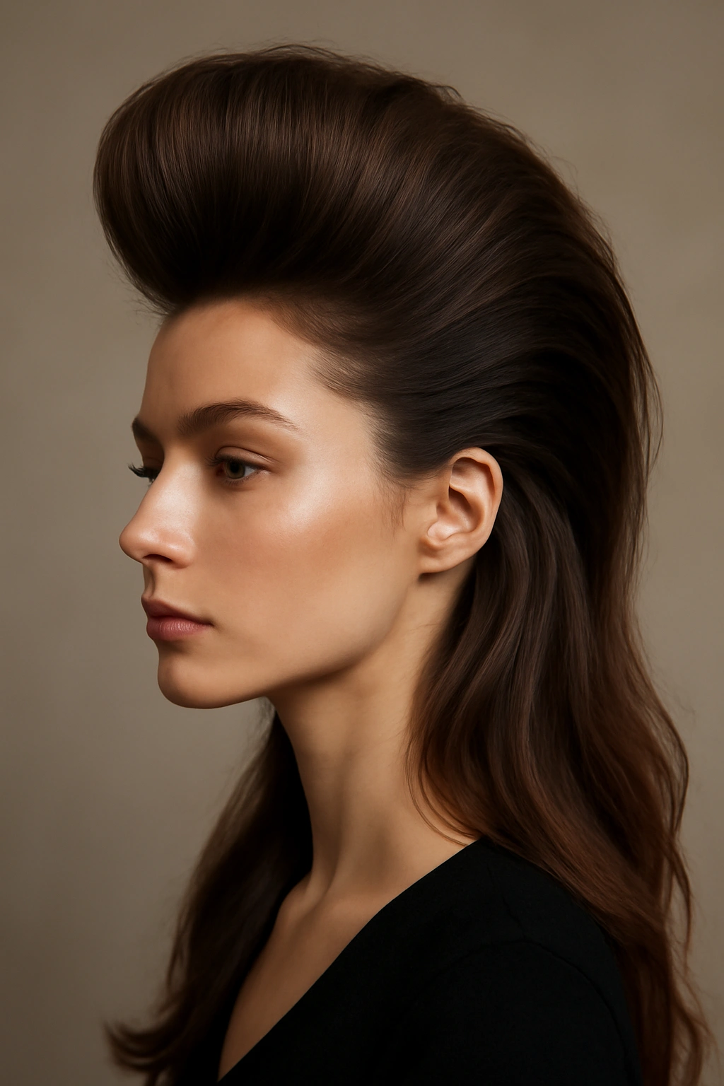Close-up of a classic tall pompadour with high crown volume.