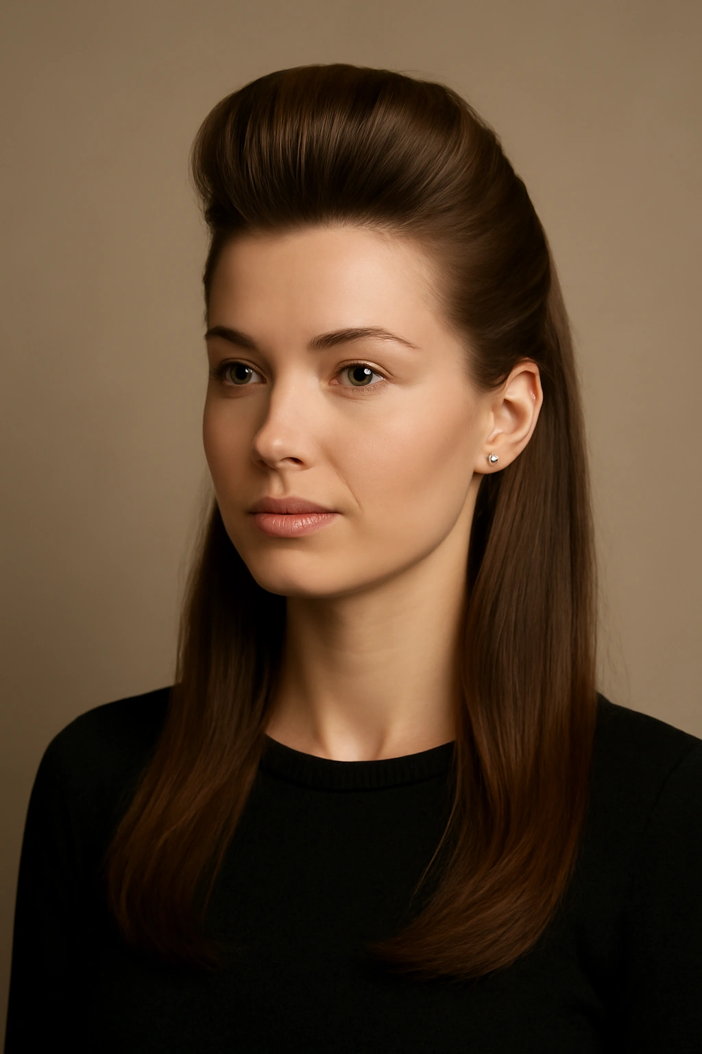 Studio portrait of a classic pompadour hairstyle in a calm, versatile look