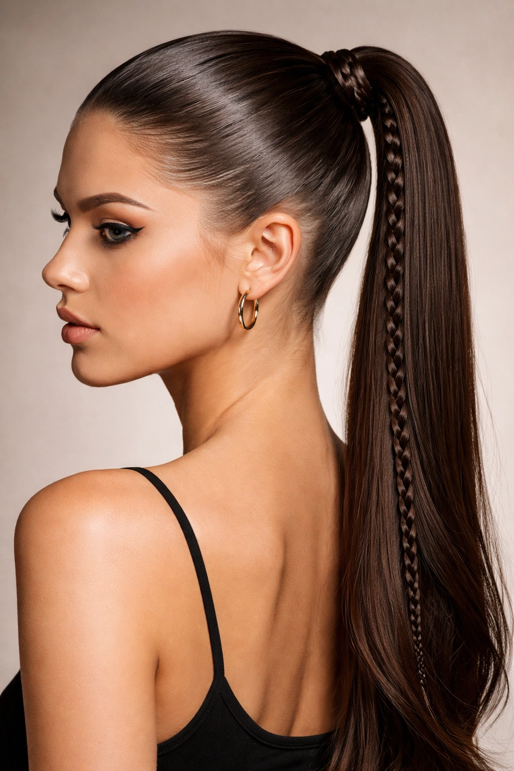 Slicked ponytail with a narrow braid accent along the base