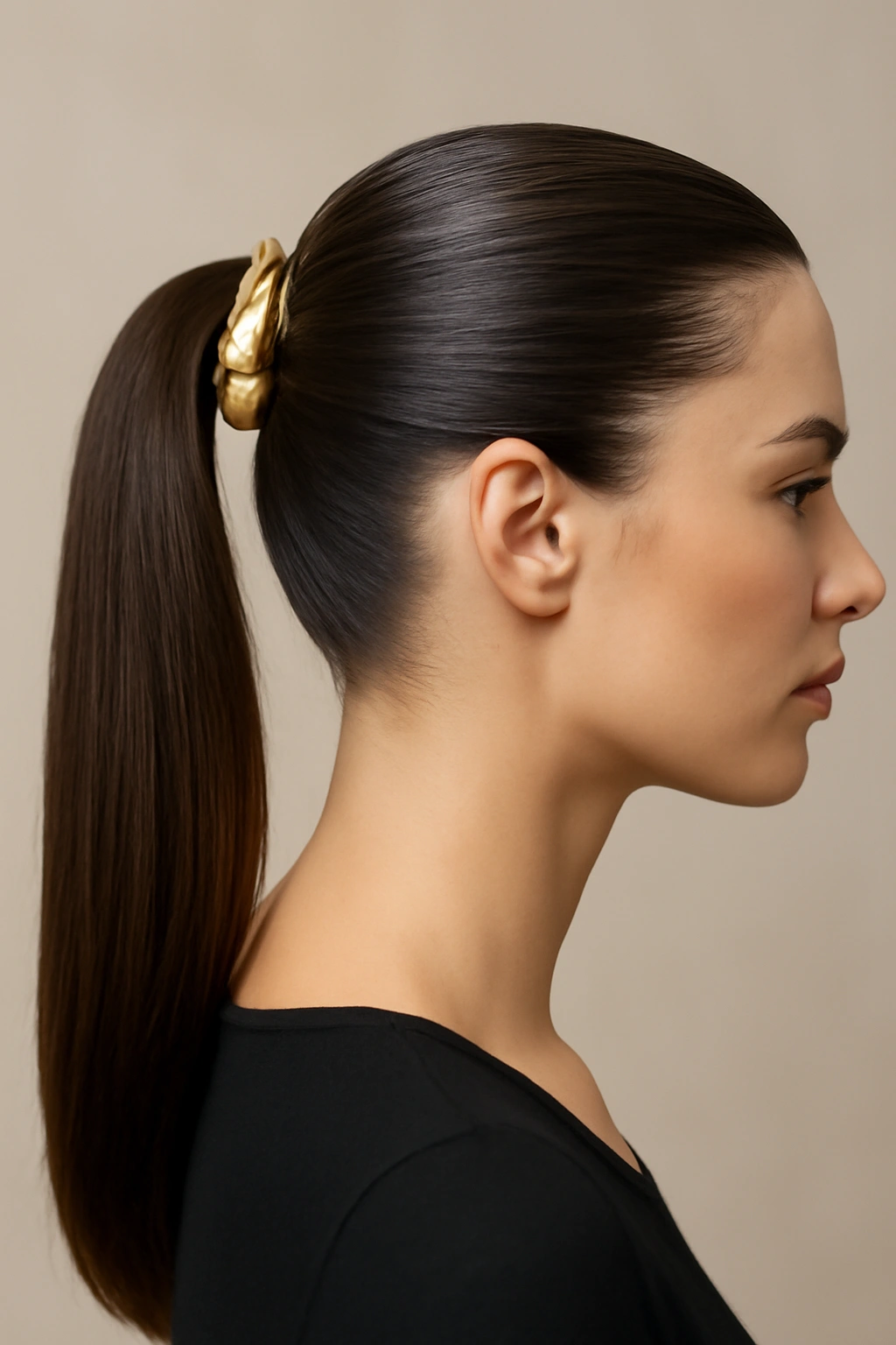Close-up of a sleek high ponytail with a metallic claw clip at the base, studio lighting.
