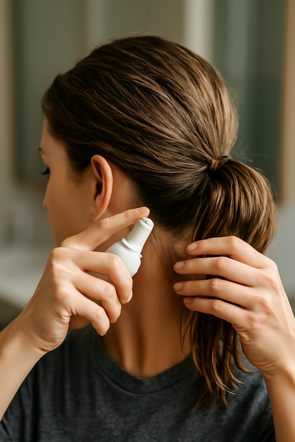 Hands applying texturizing product to damp hair and forming a ponytail