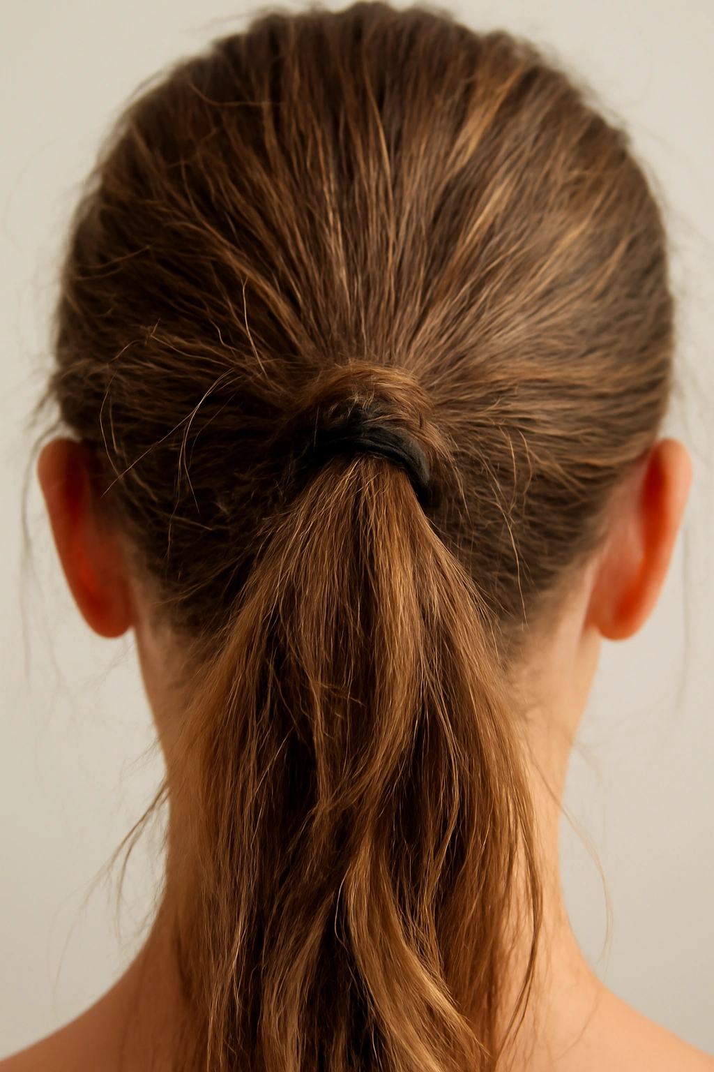Close-up of a ponytail showing tangled hair, a tight crease from a thick elastic, and stray flyaways