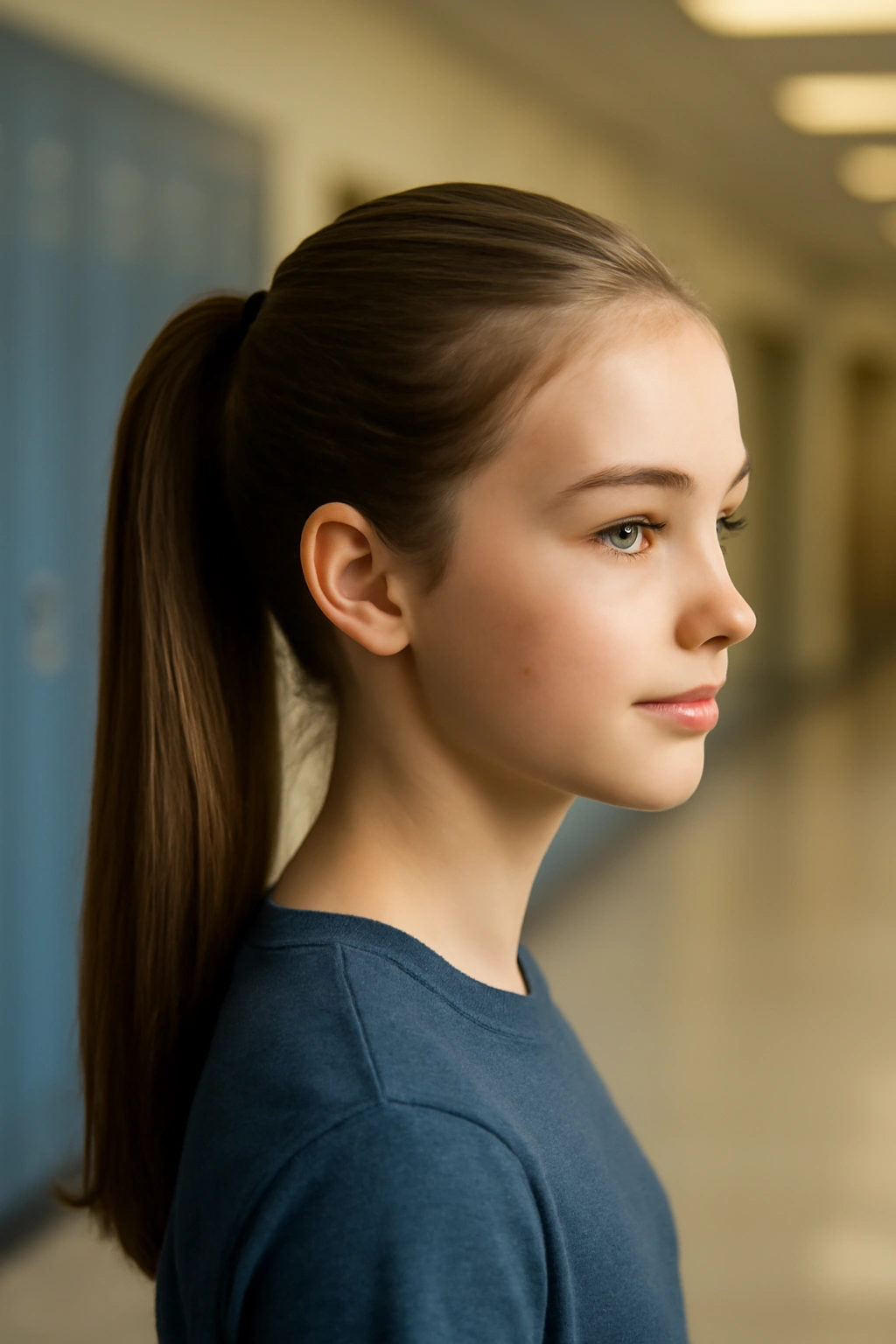 Close-up of a neat high ponytail on a young girl in a bright hallway