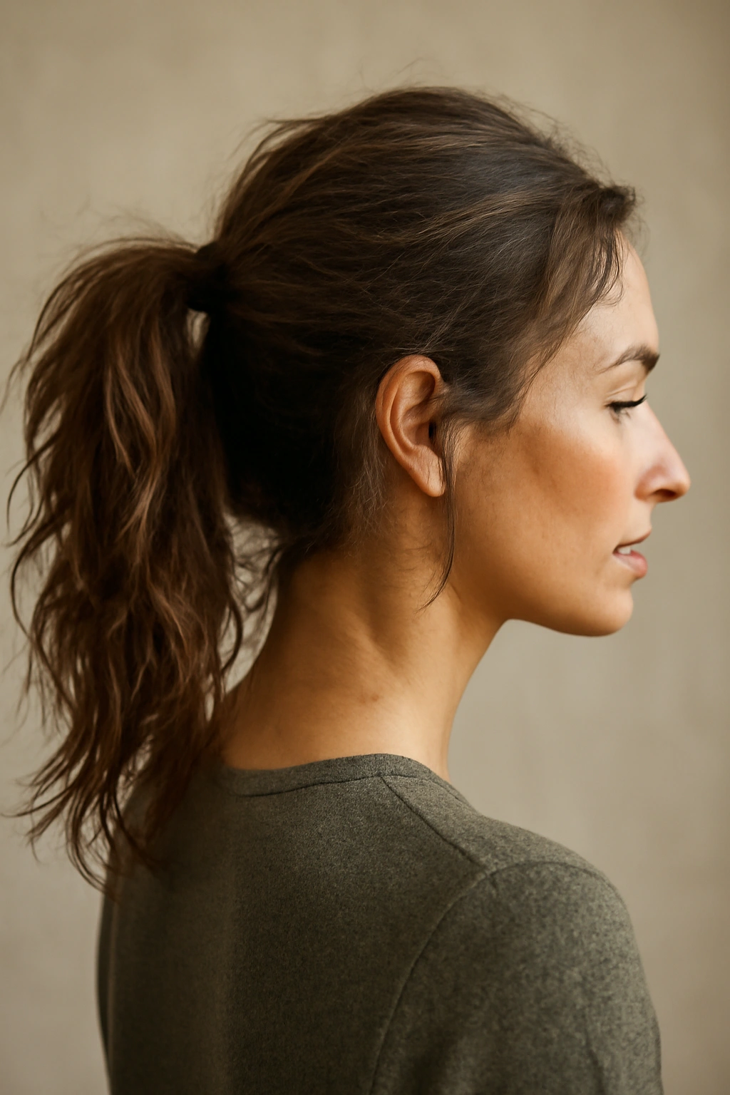 Close-up of a tousled ponytail with textured strands created by texturizing spray