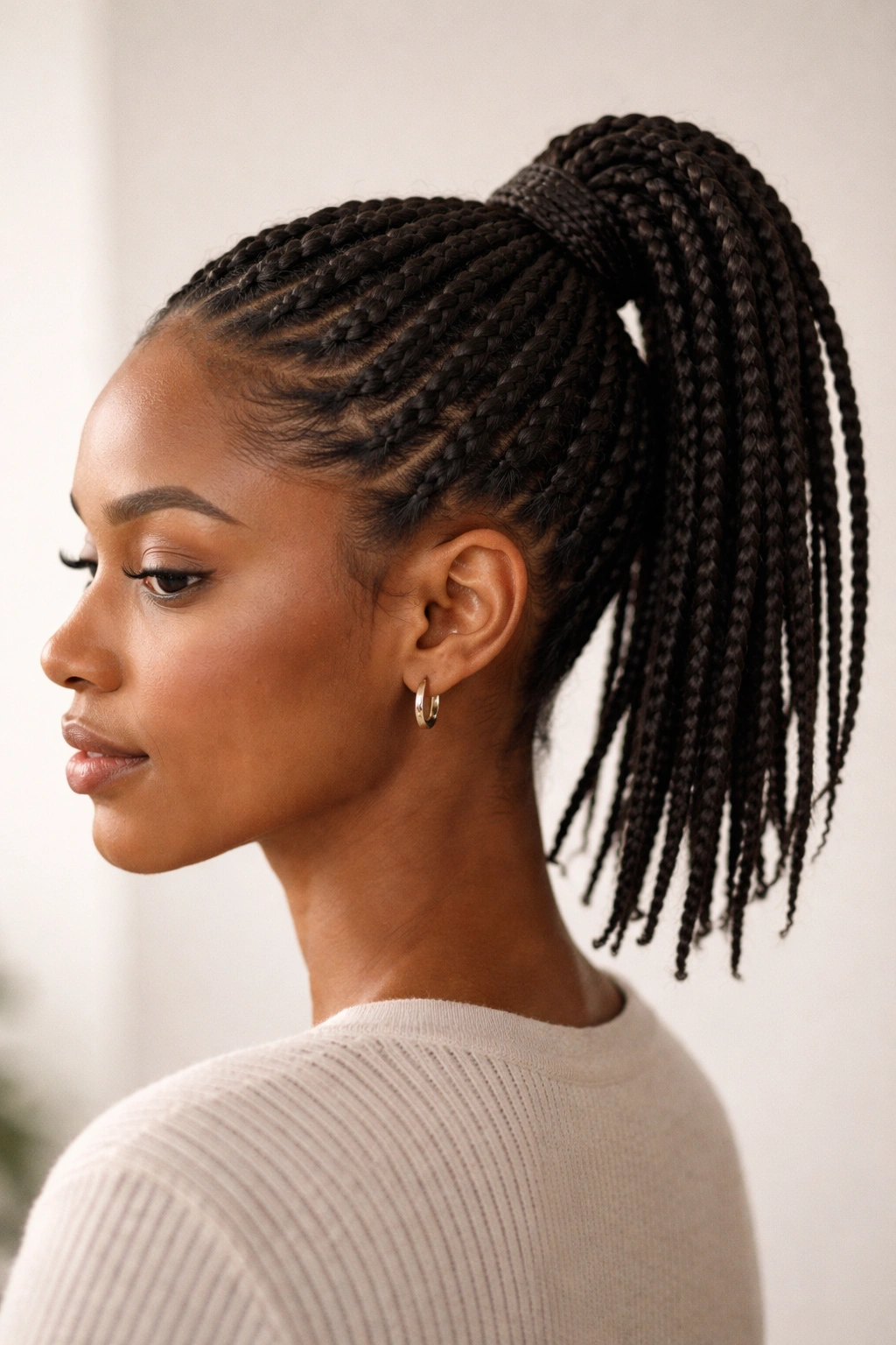 High ponytail with braids wrapped around the base on short hair