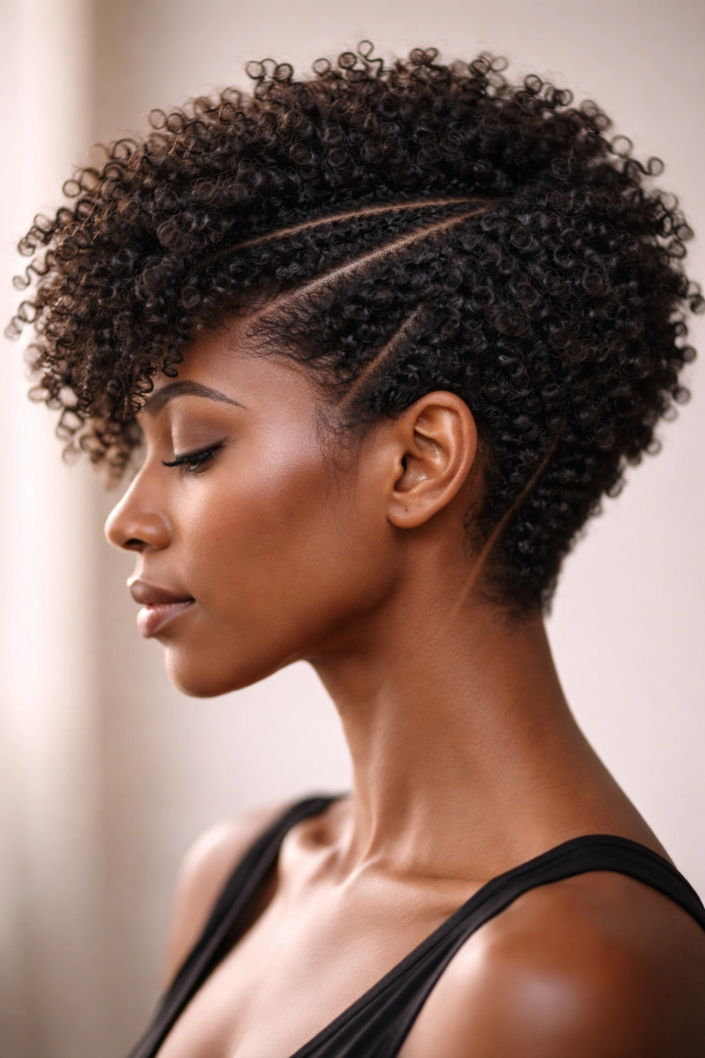 Close-up of precision angle cut on coily hair with angled layers