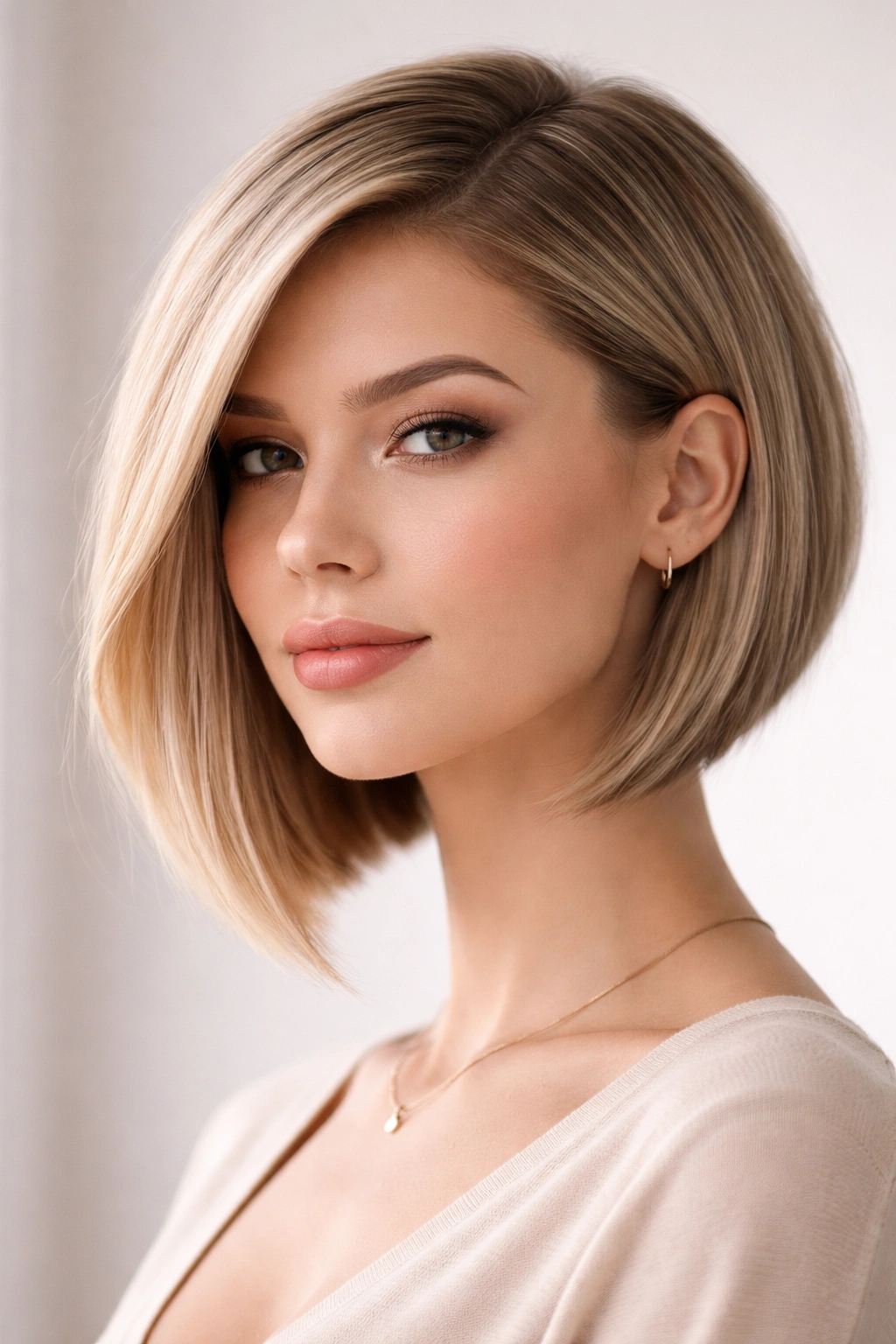 Diamond-faced person with a precision-cut angled bob on fine hair