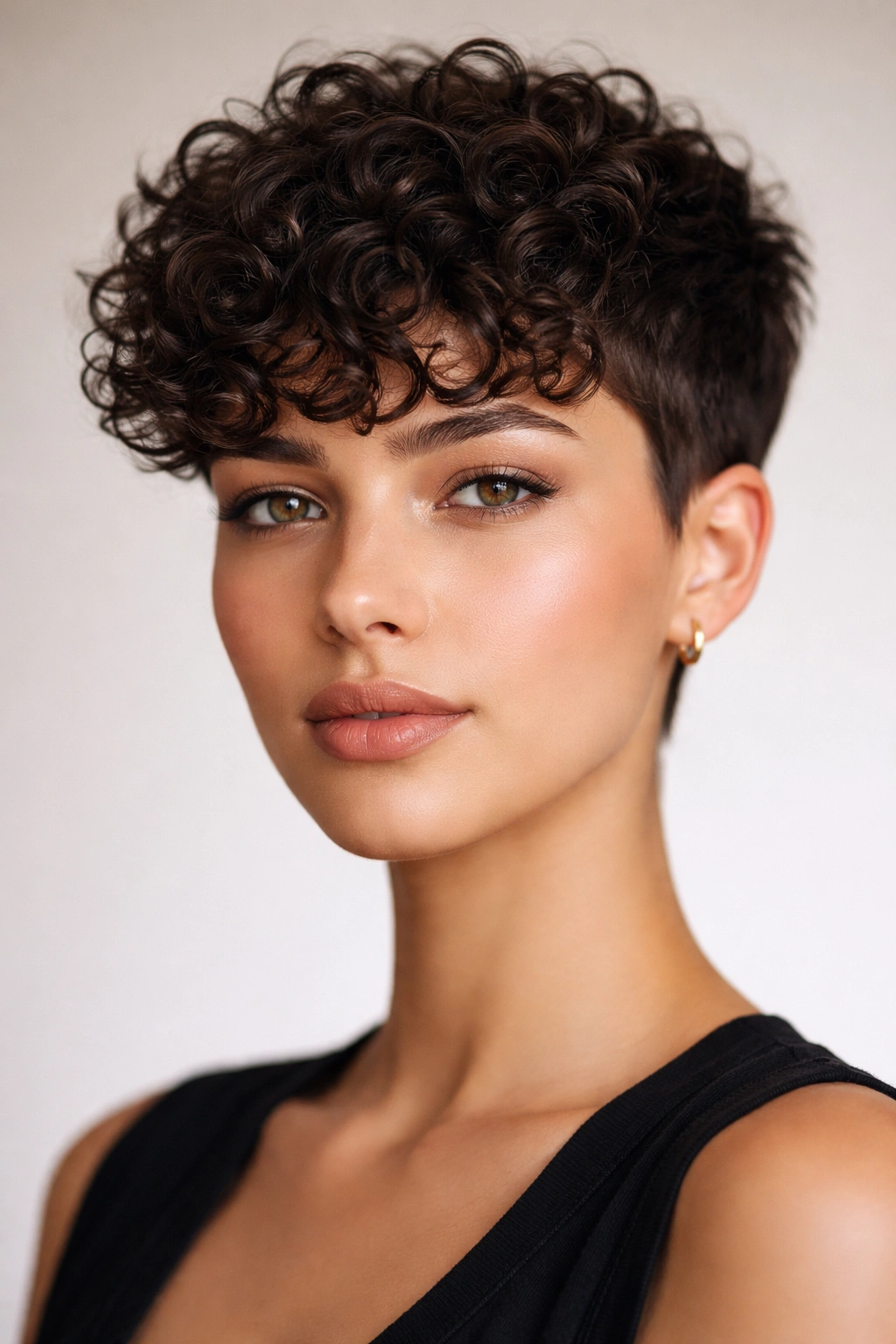 Precise crop hairstyle with structured curly bangs
