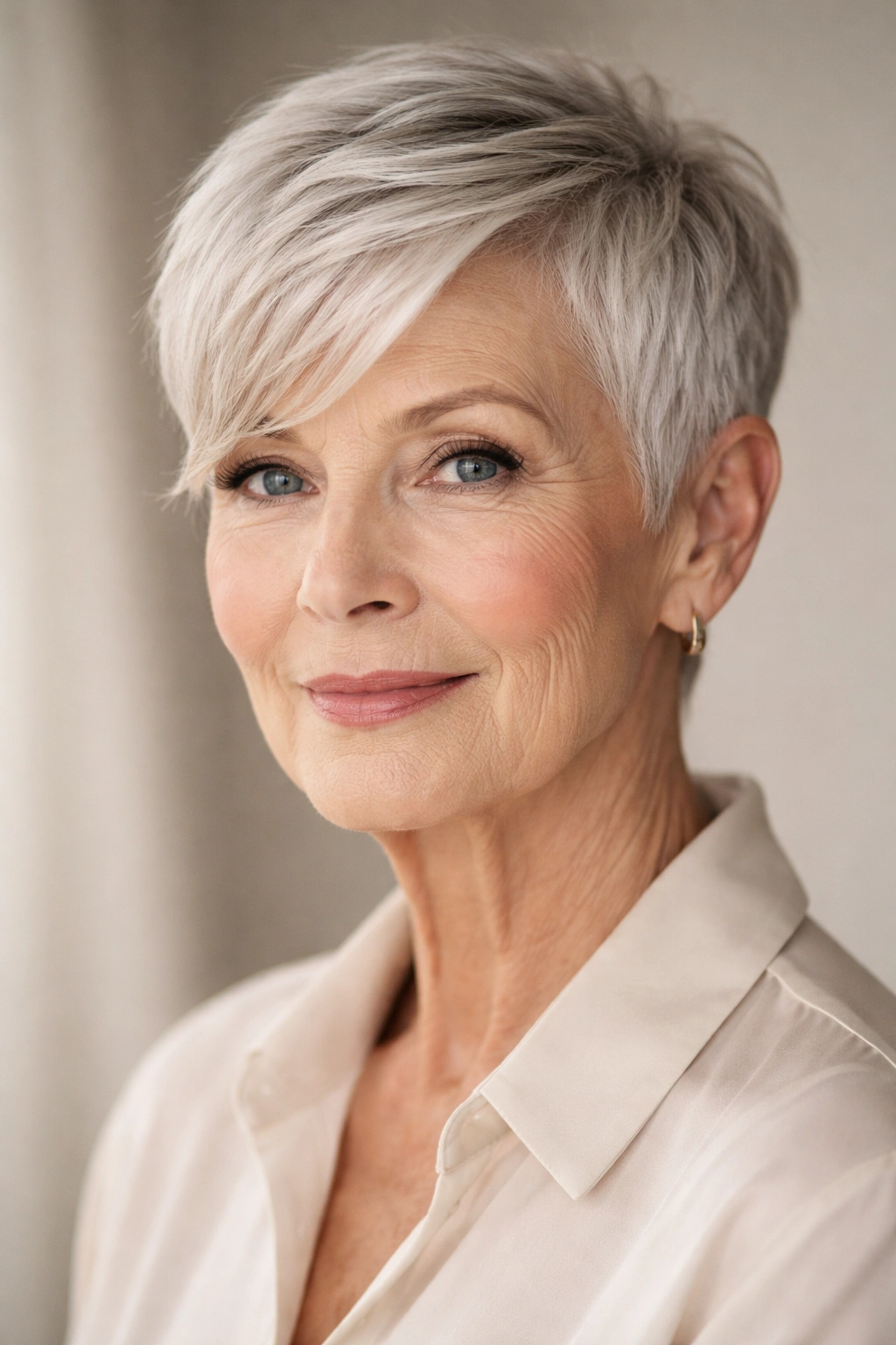Close-up of a short precision crop with a longer side-swept piece on a mature woman.