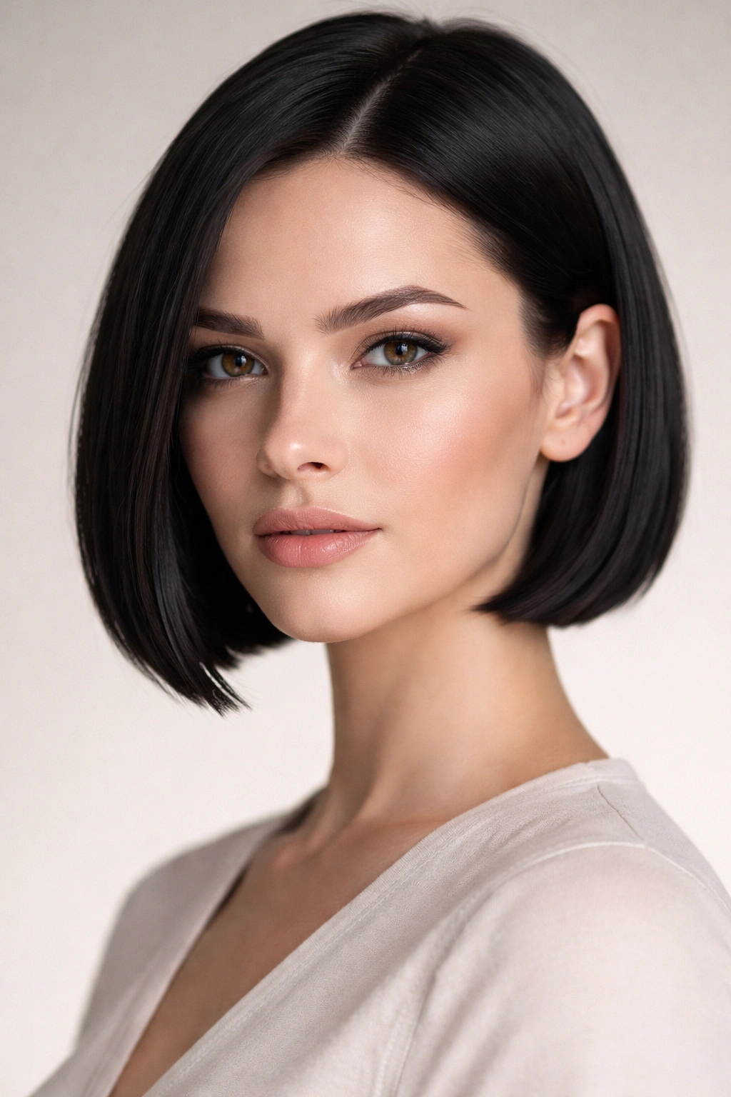 Close-up portrait of a precision cropped bob at jawline for diamond-shaped faces in studio lighting
