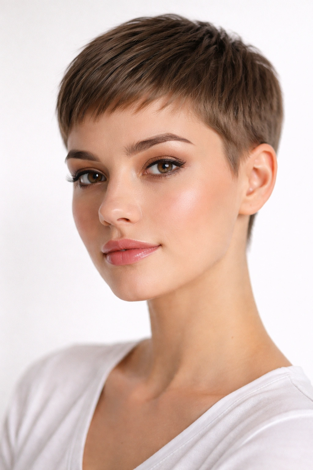 Close-up of a model with a precision-cut ultra-short pixie showcasing sharp, clean lines