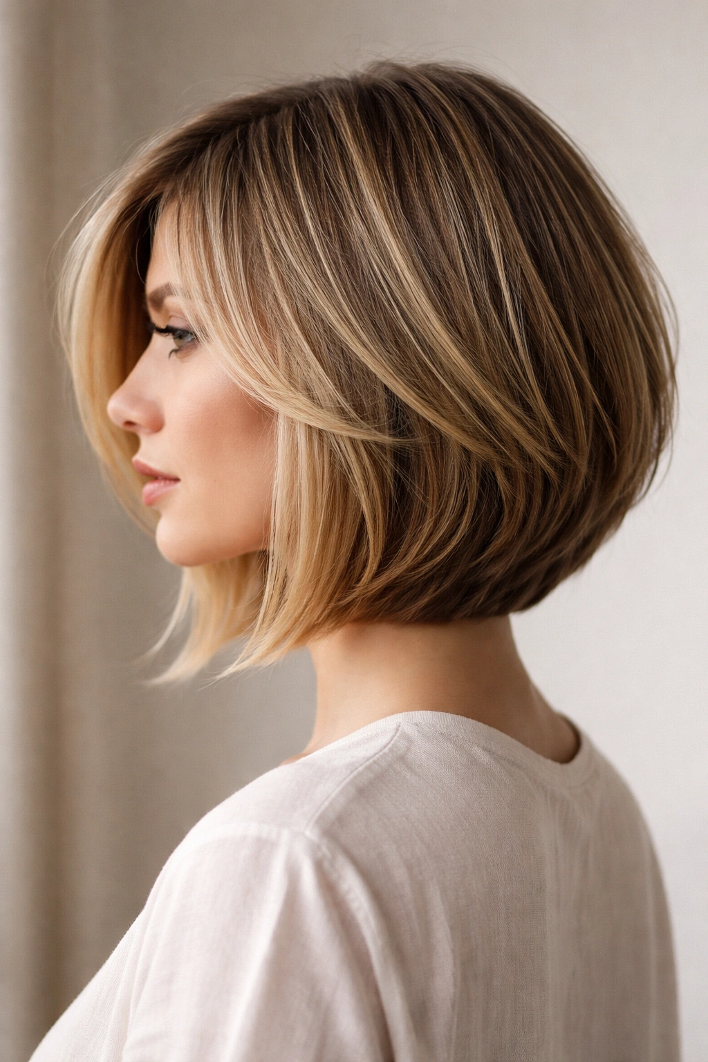 Precision layered bob with graduated texture at shoulder length