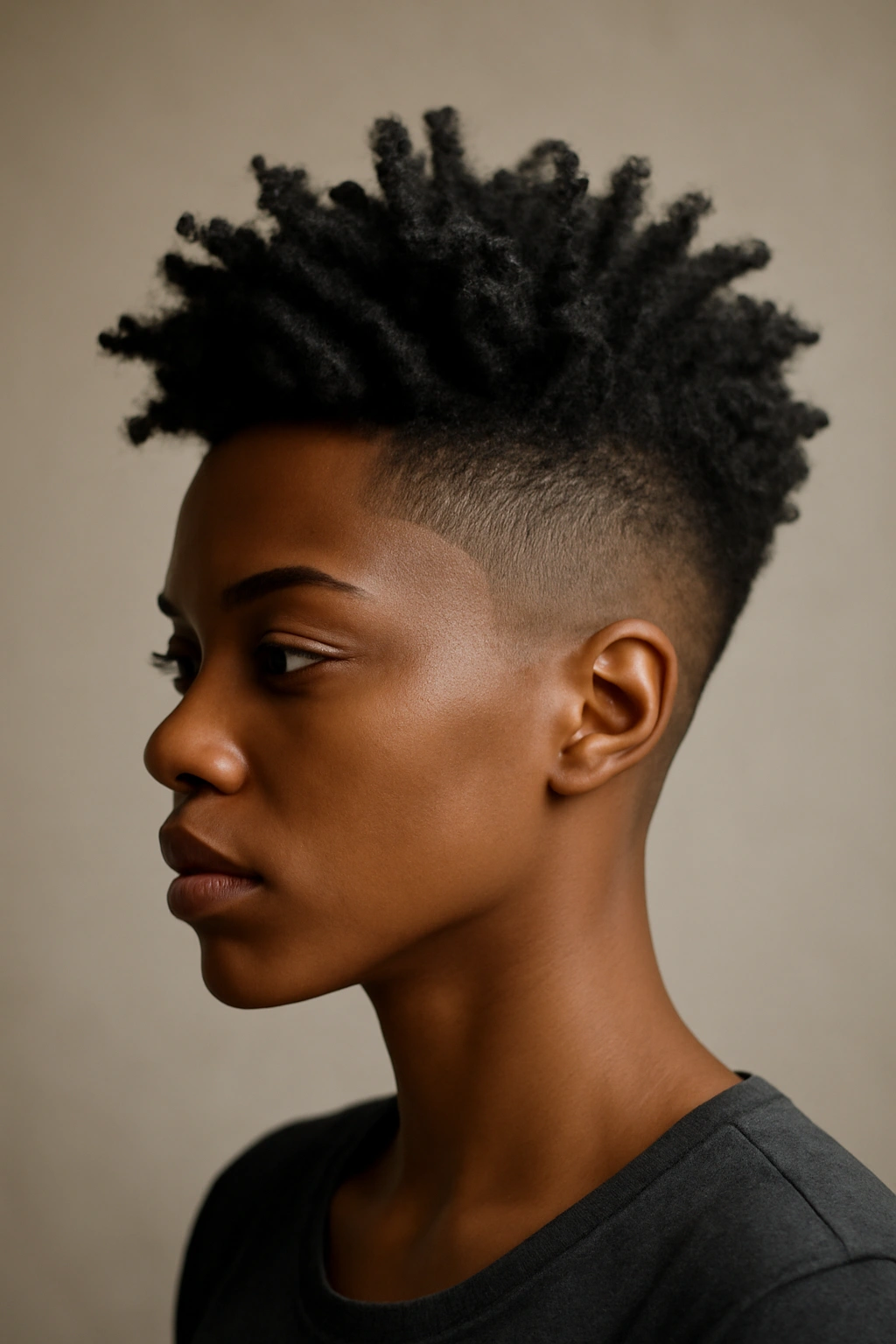 Portrait of a person with an undercut and sculptural crown.