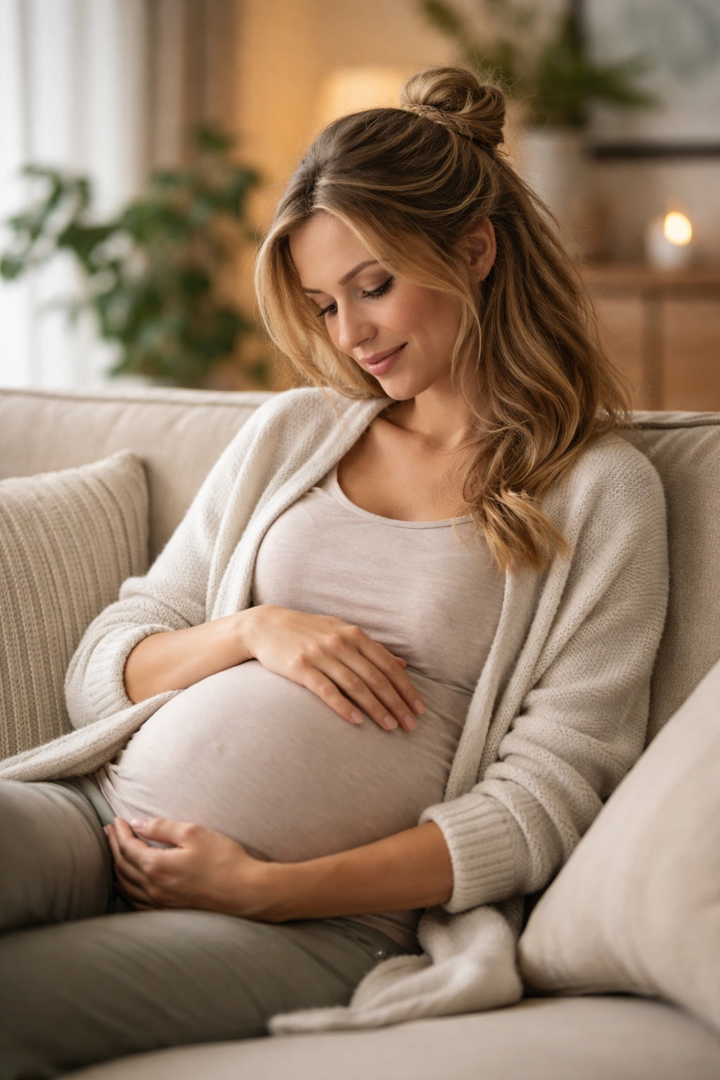 Calm pregnant woman in a cozy room with simple hair and relaxed pose