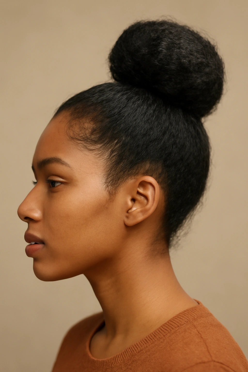 Close-up of a high bun at the crown with ends tucked away